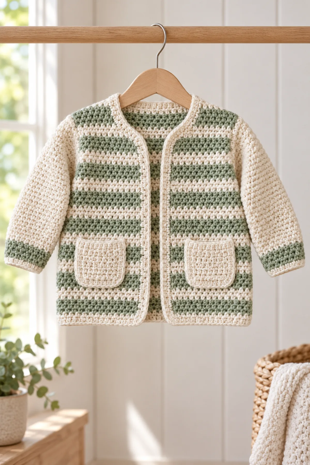 Completed cream-and-sage striped open baby cardigan with two lower flat pockets displayed on a child-size wood hanger in daylight, no baby, button, tie or hood.