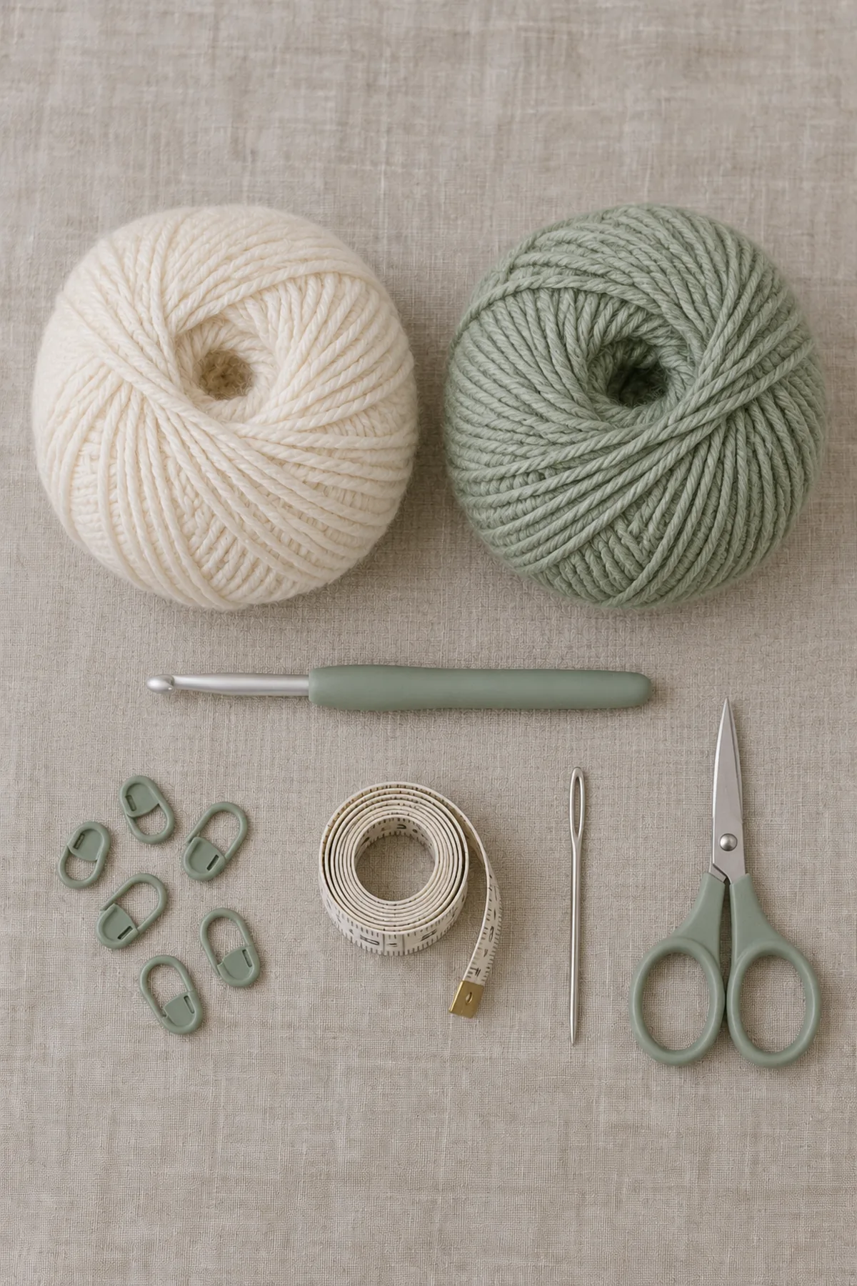 Cream and sage smooth DK yarn balls,4 mm hook, markers, tape measure, yarn needle and scissors on linen; no finished garment.