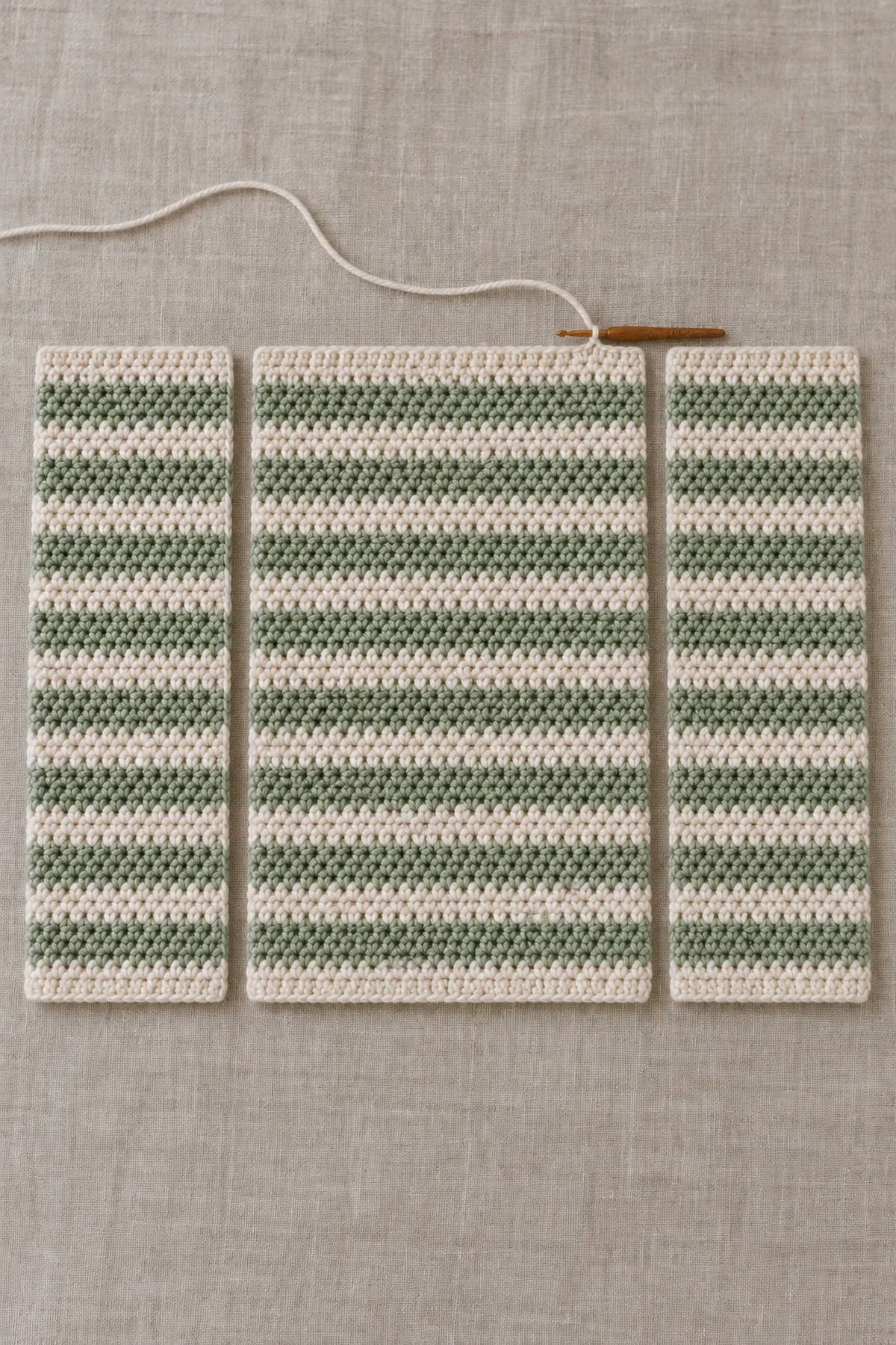 Separate unseamed cream-and-sage moss-texture baby cardigan back and two front panels with matched narrow horizontal sage bands; crochet hook by a live row, no sleeves or pockets attached.