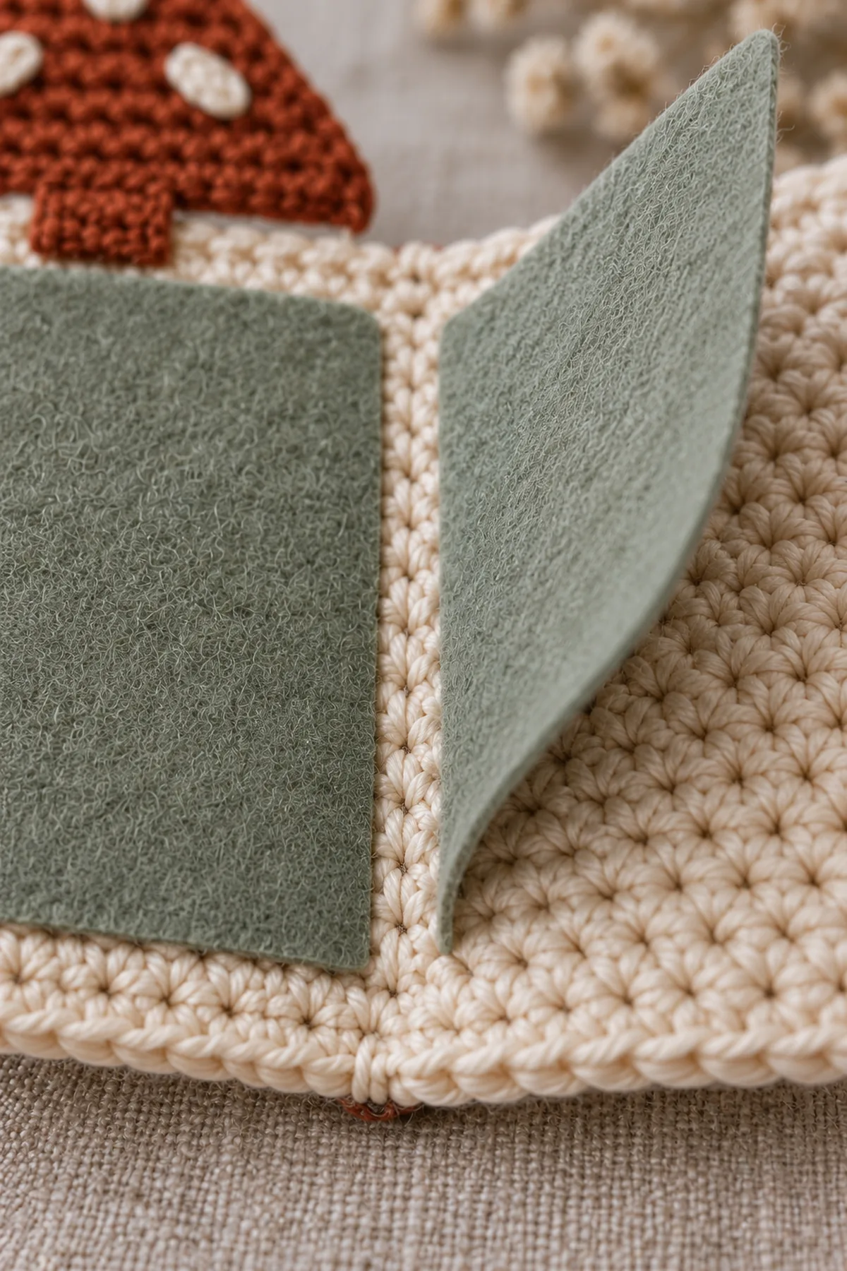 Close view of the open cream crochet needle book spine with exactly two sage felt leaves individually backstitched to it, narrow clear hinge space, one needle point buried in felt, rust cap flap visible above; realistic hand sewn seams.