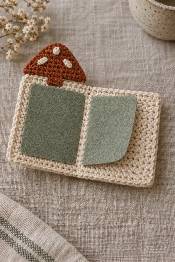Small handmade cream single-crochet sewing needle book open on linen, exactly two flat sage felt leaves inside and a flat rust tapered mushroom-cap flap with three tiny cream embroidered ovals attached to back top edge, broad rust tuck tab and small cream keeper on outer front; no stuffing, no buttons, no beads. One short needle safely woven through felt with its point buried.
