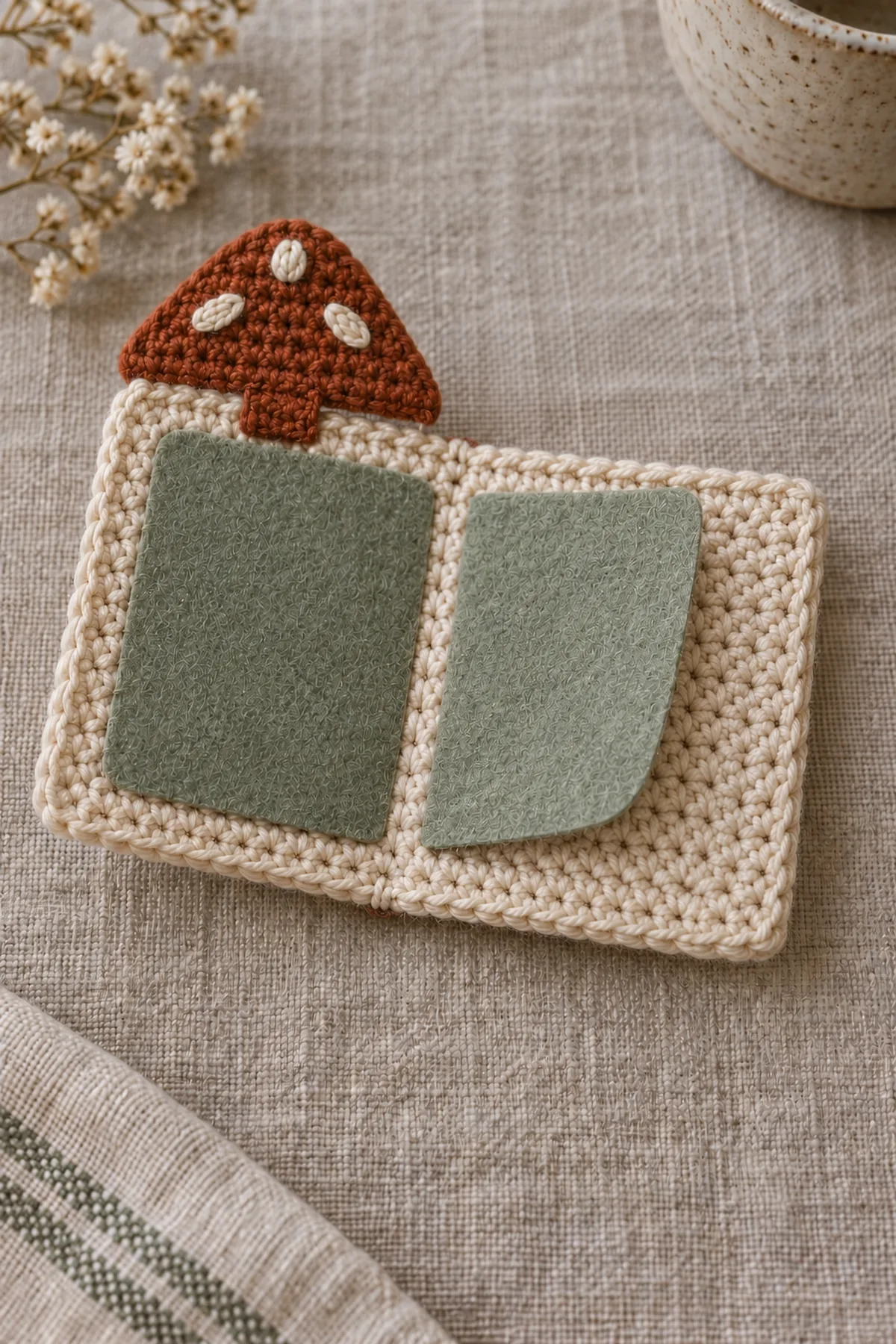 Small handmade cream single-crochet sewing needle book open on linen, exactly two flat sage felt leaves inside and a flat rust tapered mushroom-cap flap with three tiny cream embroidered ovals attached to back top edge, broad rust tuck tab and small cream keeper on outer front; no stuffing, no buttons, no beads. One short needle safely woven through felt with its point buried.