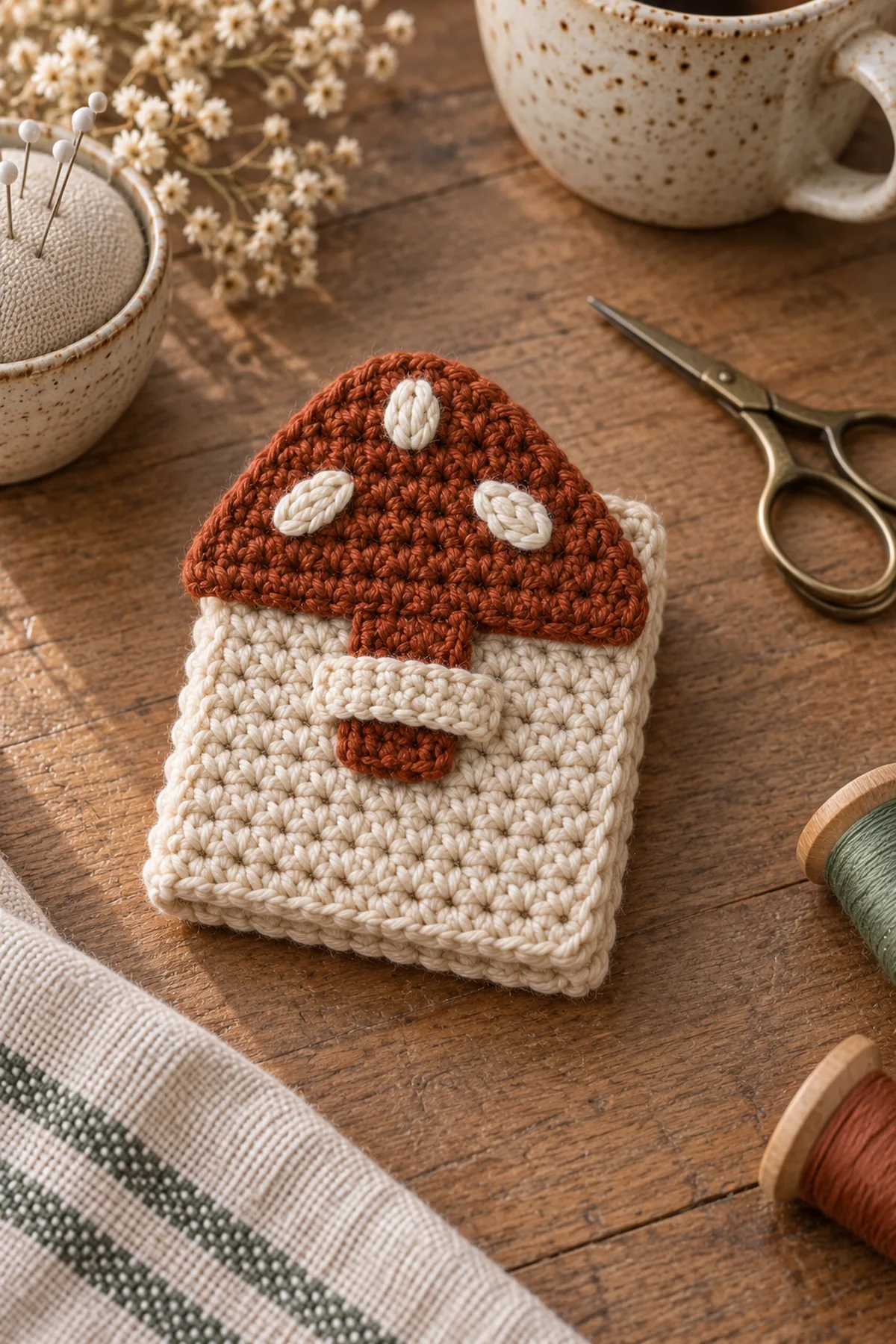 Small completed cream crochet needle book closed on an adult sewing desk, flat rust mushroom cap folded from back over upper front, three small cream embroidered ovals on cap, broad rust tab tucked under horizontal cream keeper on lower front; compact flat book, no stuffing, no loose exposed needles.
