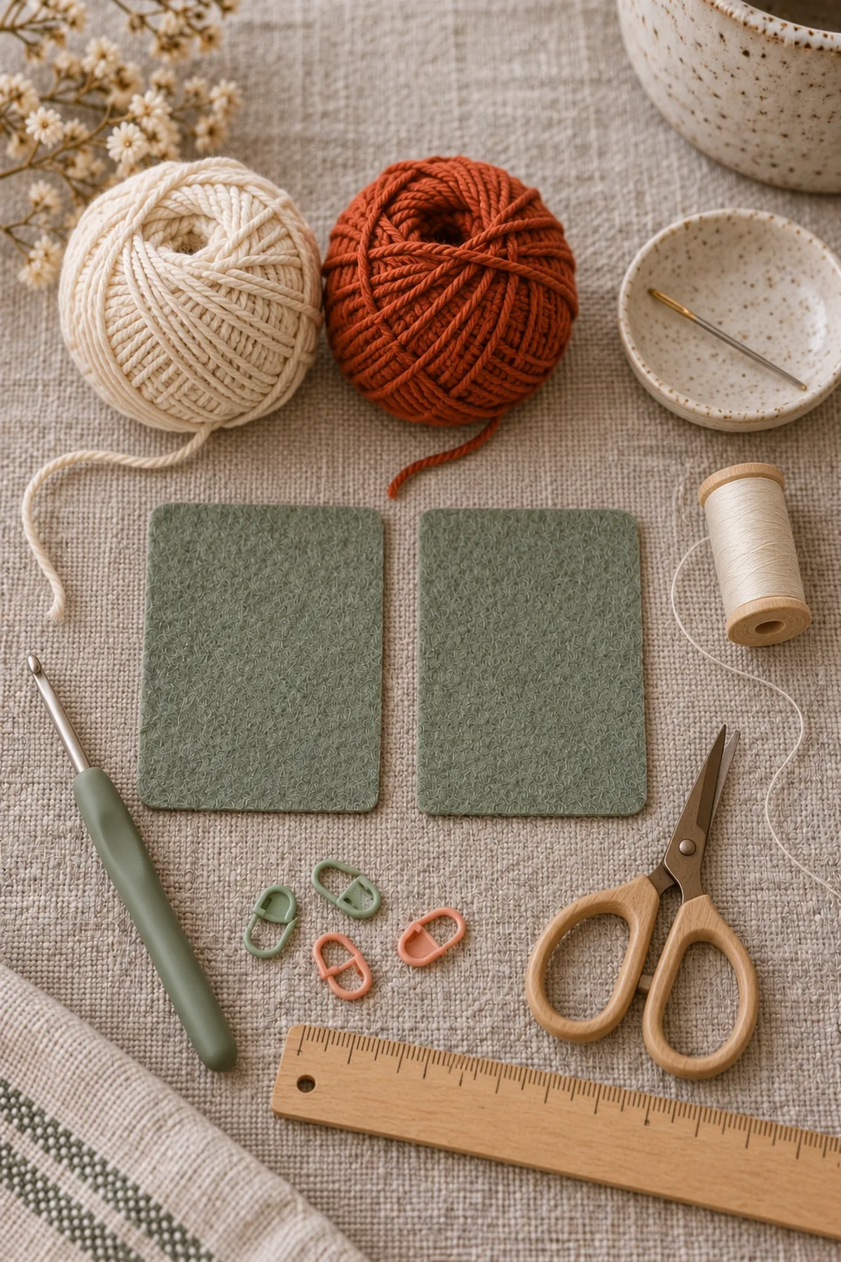 Cream and rust sport cotton yarn, two small sage felt rectangles, 3 mm hook, sewing thread, blunt needle, ruler, markers and scissors neatly arranged on linen; sewing needle safely placed in a small dish, no finished project.