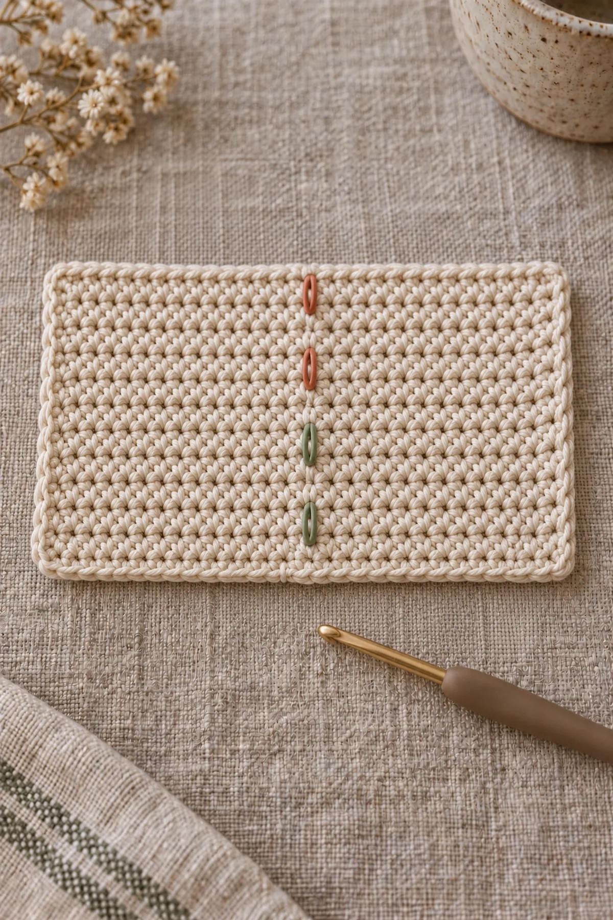 Single plain cream crochet rectangle flat on linen, forty-four stitches across and twenty-four rows tall, four central spine columns marked with removable markers, no felt, cap or seams yet; hook beside it.