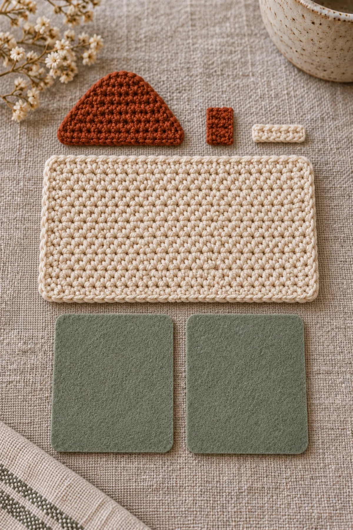Separate unassembled parts of a small needle book: cream rectangular cover, flat rust mushroom cap with wide straight bottom and narrowed rounded crown, small rust rectangular tuck tab, tiny cream keeper strip, two sage felt leaves; no finished book and no stuffing.