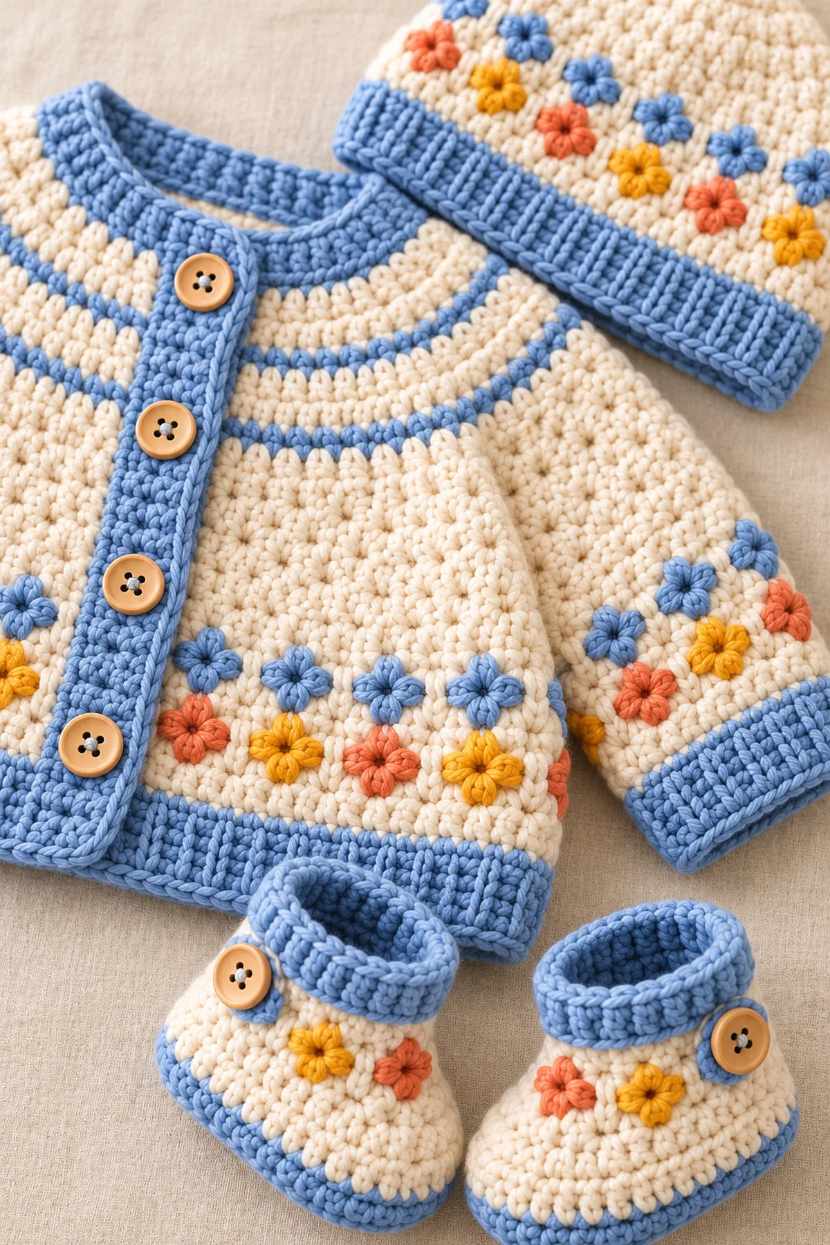 Close view of stitches and finishing on crochet newborn outfit with hat and booties – free pattern