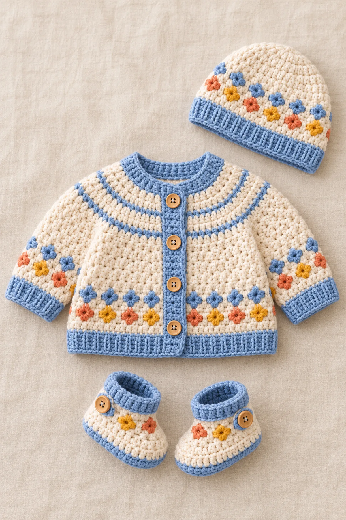 Cream and powder blue crochet newborn cardigan hat and booties set with tiny flower embroidery