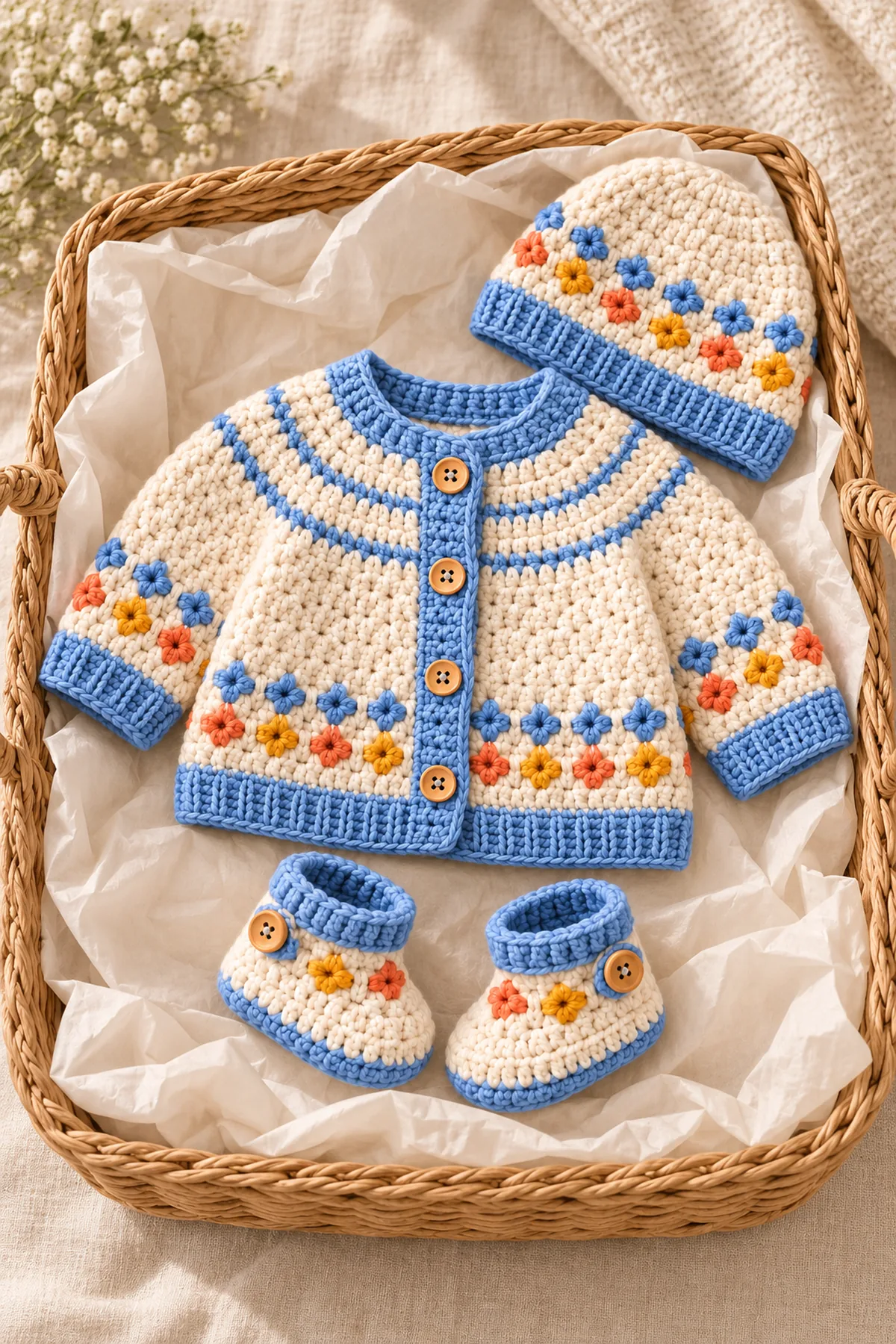 Finished crochet newborn outfit with hat and booties – free pattern in a softly lit neutral setting