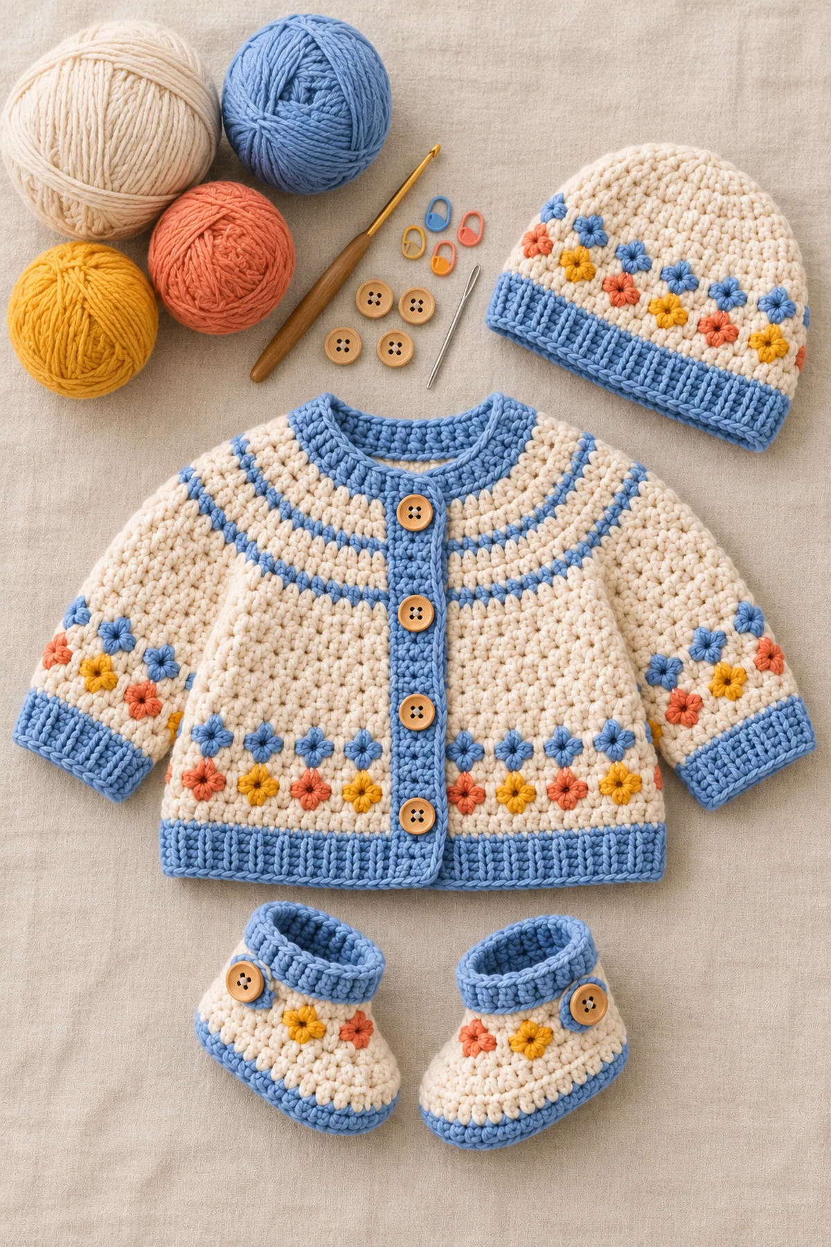 Yarn, hook, markers and tools for crochet newborn outfit with hat and booties – free pattern