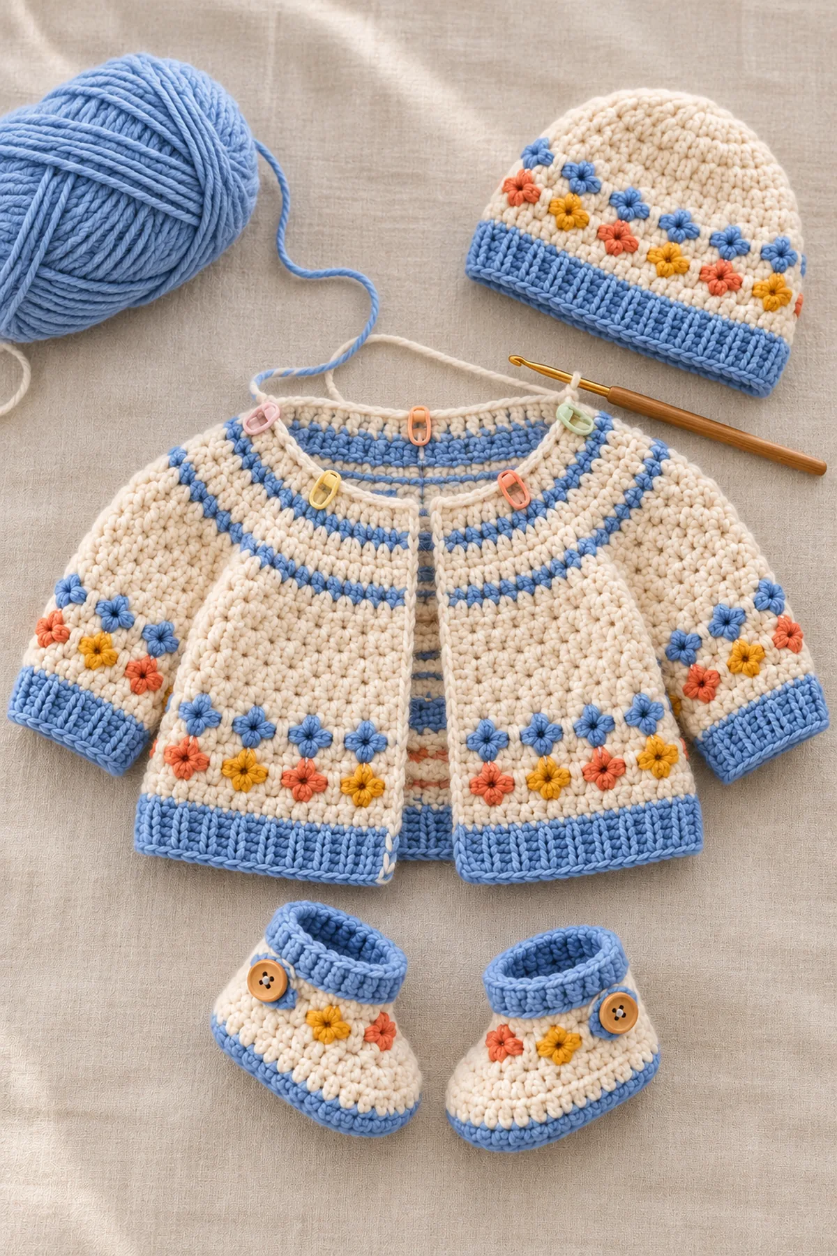 Early construction stage of crochet newborn outfit with hat and booties – free pattern