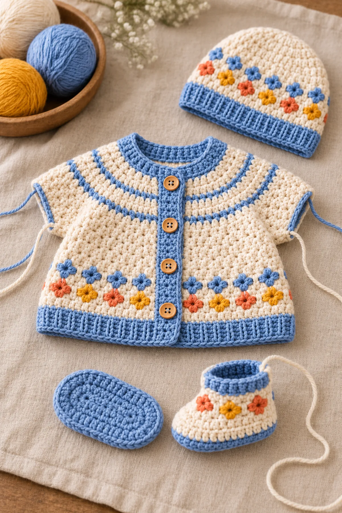 Shaping and assembly stage of crochet newborn outfit with hat and booties – free pattern
