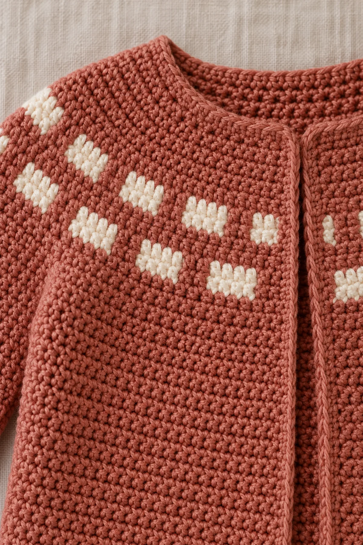 Macro of cream offset three-stitch rectangles enclosed in clay single crochet shoulder fabric, no exposed floats or diamond motifs