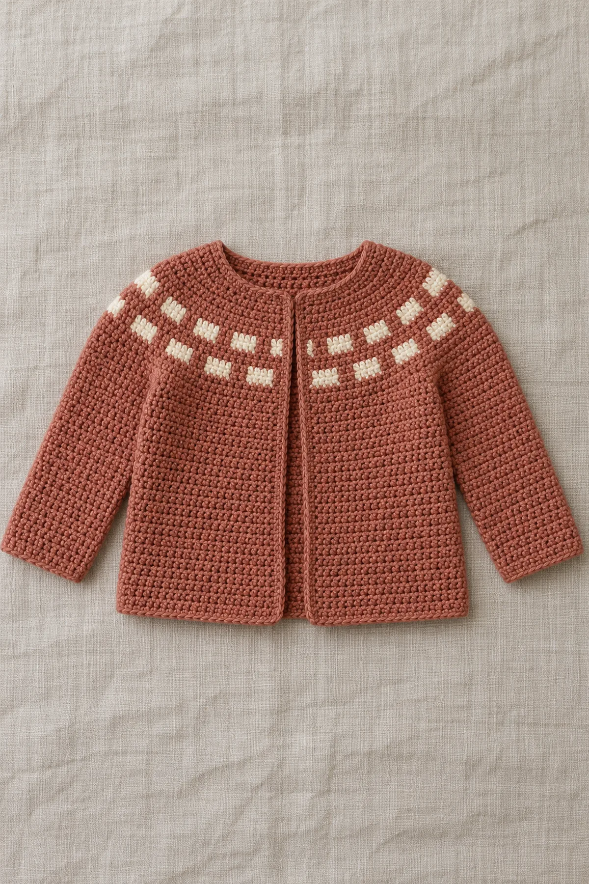 Clay open-front long-sleeve crochet baby cardigan with a shallow cream offset-rectangle tapestry yoke, plain solid lower body on linen