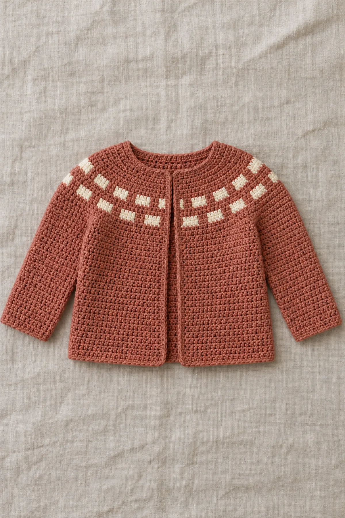 Finished clay and cream offset-rectangle tapestry-yoke baby cardigan styled flat on neutral linen with long sleeves and open front, no child