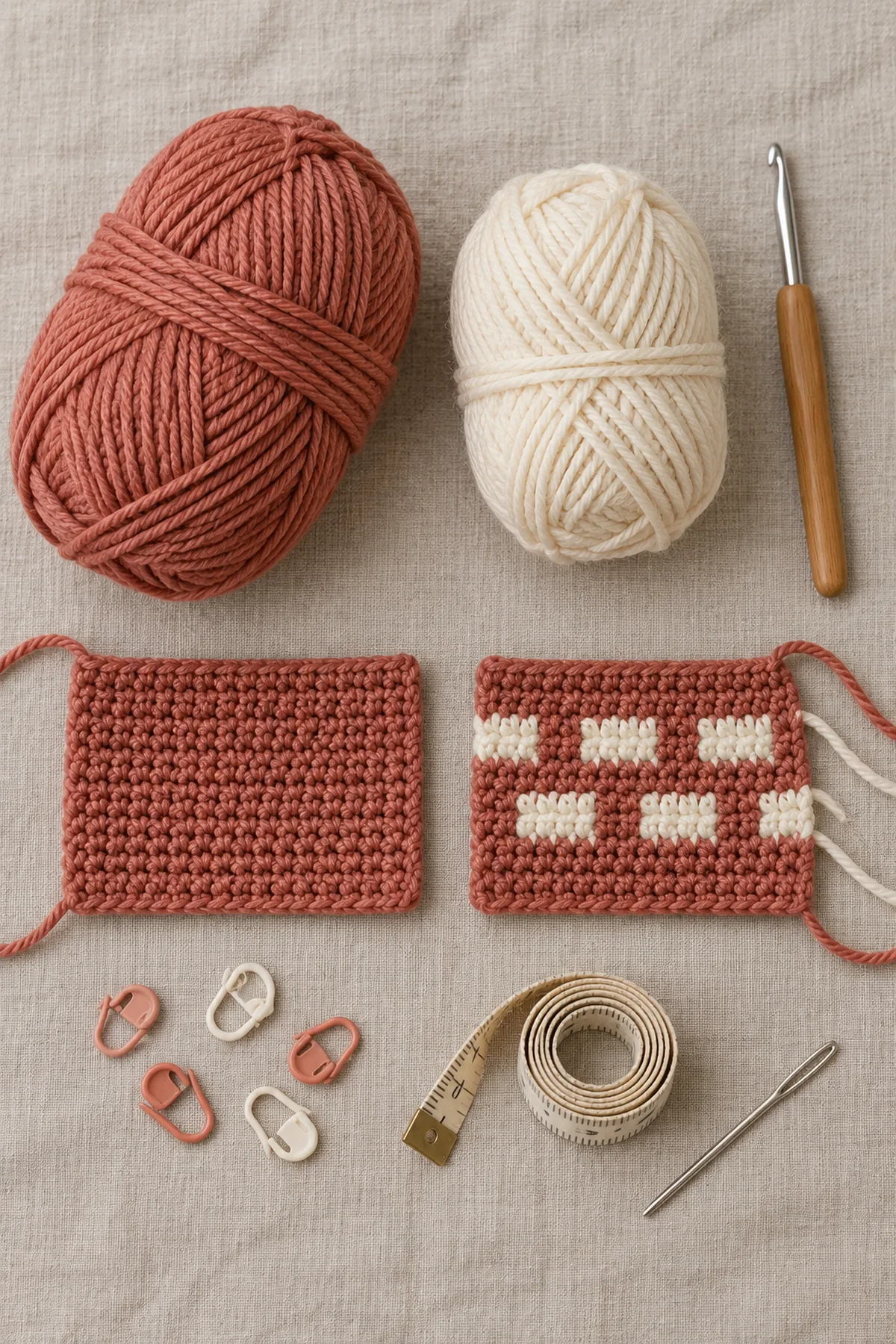Clay and cream DK yarn, 4 mm crochet hook, washed plain sc and enclosed-carry rectangle swatches, markers, tape and yarn needle