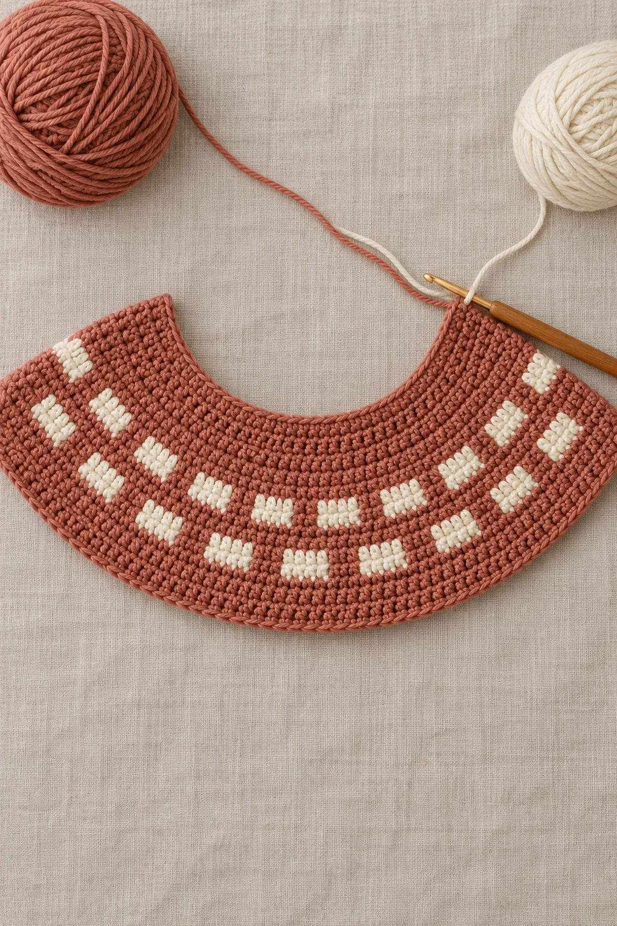 Clay top-down round baby cardigan yoke at the 88-stitch color band, showing two staggered tiers of short cream rectangles and enclosed working strands