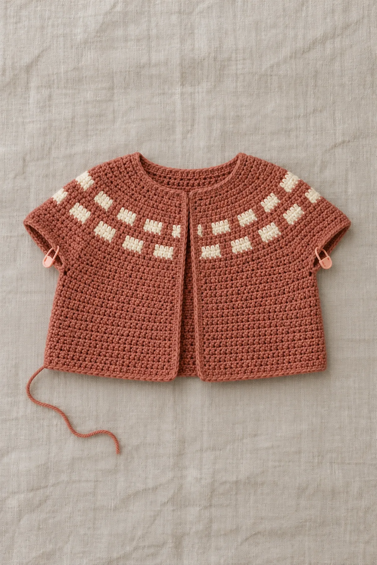 Clay baby cardigan yoke divided into two held sleeve openings with 68-stitch plain body in progress beneath the completed cream tapestry band