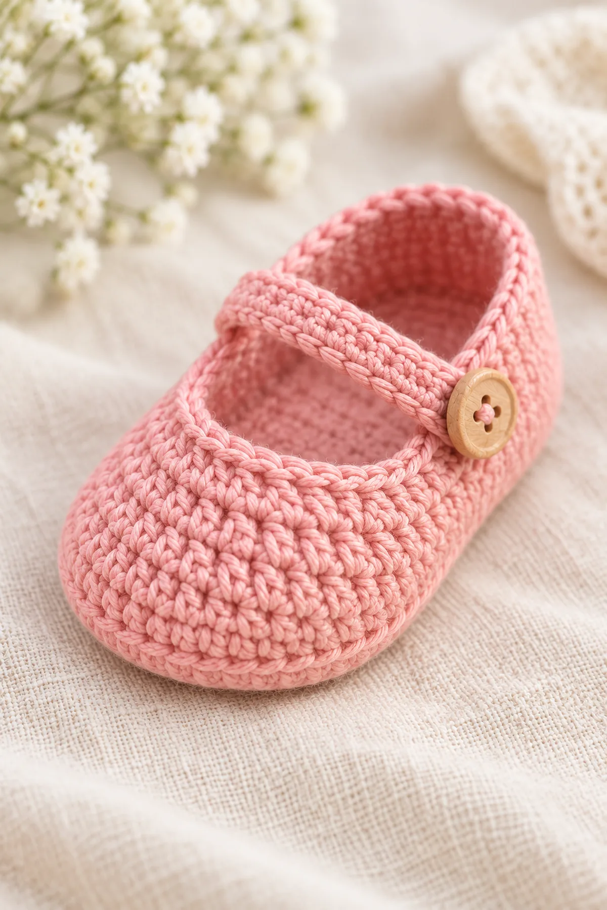 Close detail of pink Mary Jane showing the separately sewn rounded toe panel, single instep strap and tan wooden button; no high ankle cuff.