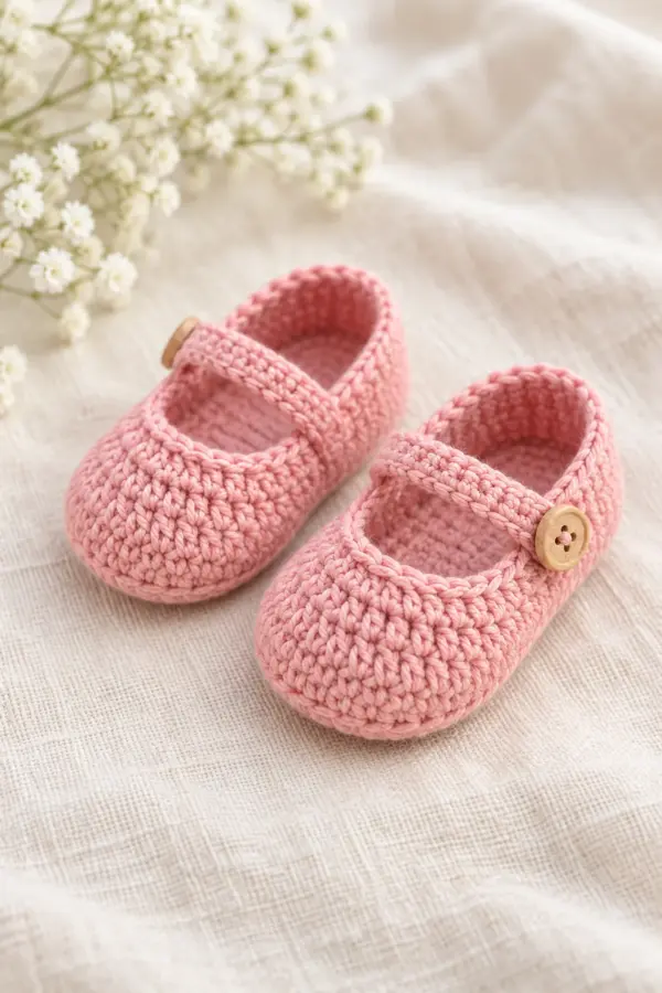 Blush-pink crochet baby Mary Jane shoes with rounded closed toes, low heel cups and one narrow instep strap per shoe with a small tan wooden side button. Independently constructed from an oval sole, separate shaped toe panel and worked-on heel panel; preserve the reference shape, pink palette and single-strap look. Finished items only. Original product photograph composition; no copied reference text or layout.