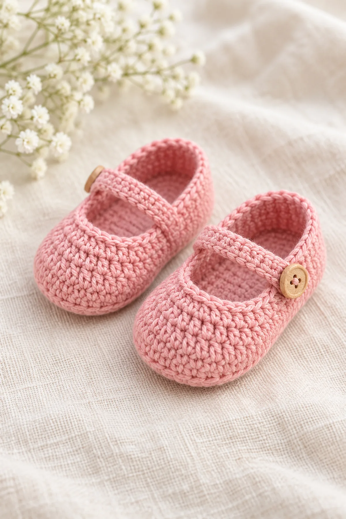 Blush-pink crochet baby Mary Jane shoes with rounded closed toes, low heel cups and one narrow instep strap per shoe with a small tan wooden side button. Independently constructed from an oval sole, separate shaped toe panel and worked-on heel panel; preserve the reference shape, pink palette and single-strap look. Finished items only. Original product photograph composition; no copied reference text or layout.