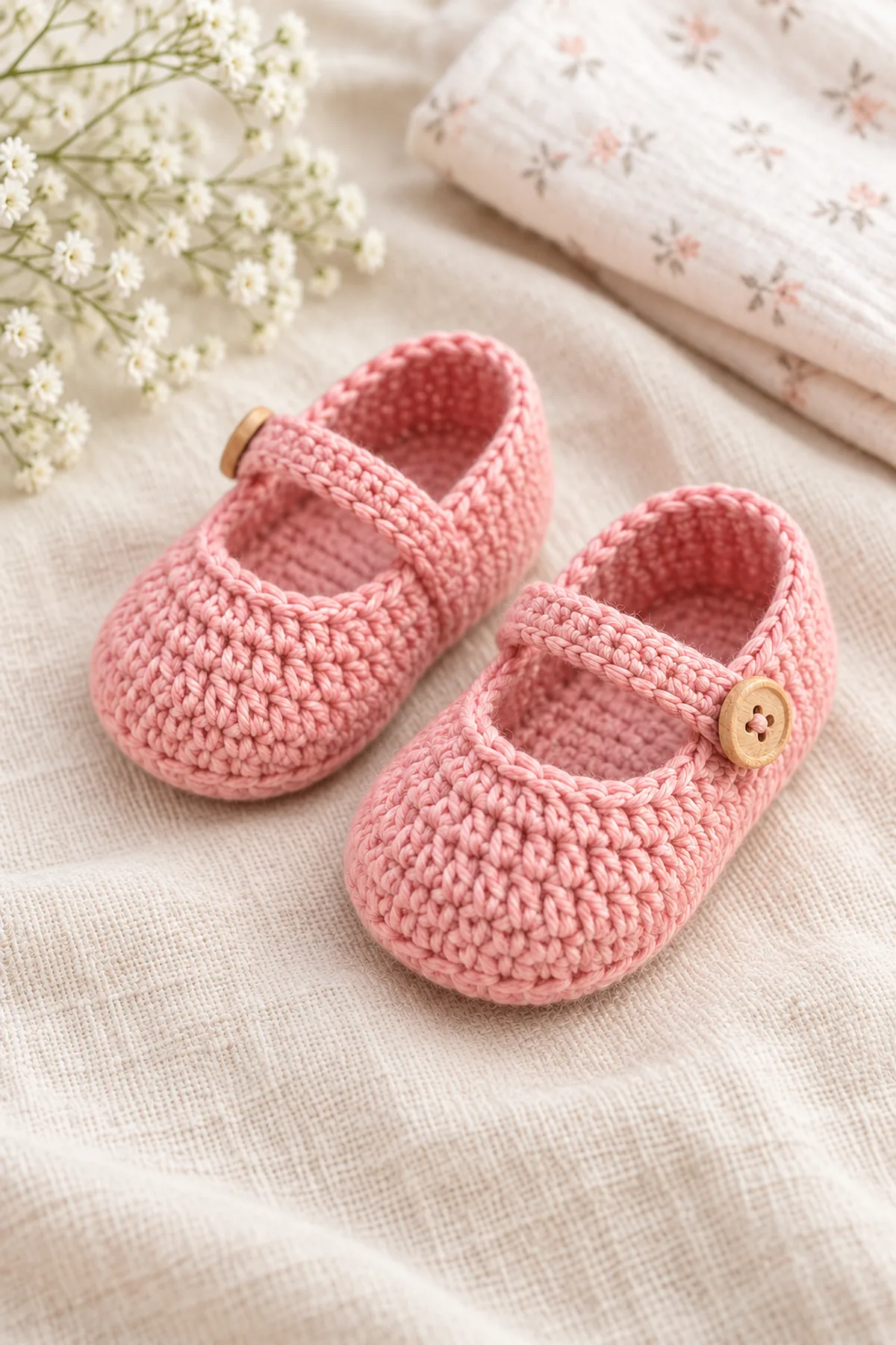 Blush-pink crochet baby Mary Jane shoes with rounded closed toes, low heel cups and one narrow instep strap per shoe with a small tan wooden side button. Independently constructed from an oval sole, separate shaped toe panel and worked-on heel panel; preserve the reference shape, pink palette and single-strap look. Finished set arranged on pale linen beside a small folded cotton cloth, soft daylight; no people and no text.