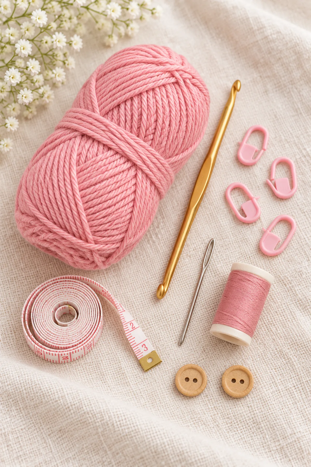 Supplies-only flat lay: Planning allowance: 90 m blush DK cotton plus swatch yarn; two small tan wooden buttons about 12 mm across; 3 mm crochet hook, four locking markers, blunt yarn needle, tape measure and scissors; Strong matching sewing thread and sewing needle for reinforced strap attachments; small amount of tan embroidery yarn for a button-free alternative. No completed or partial crochet project.