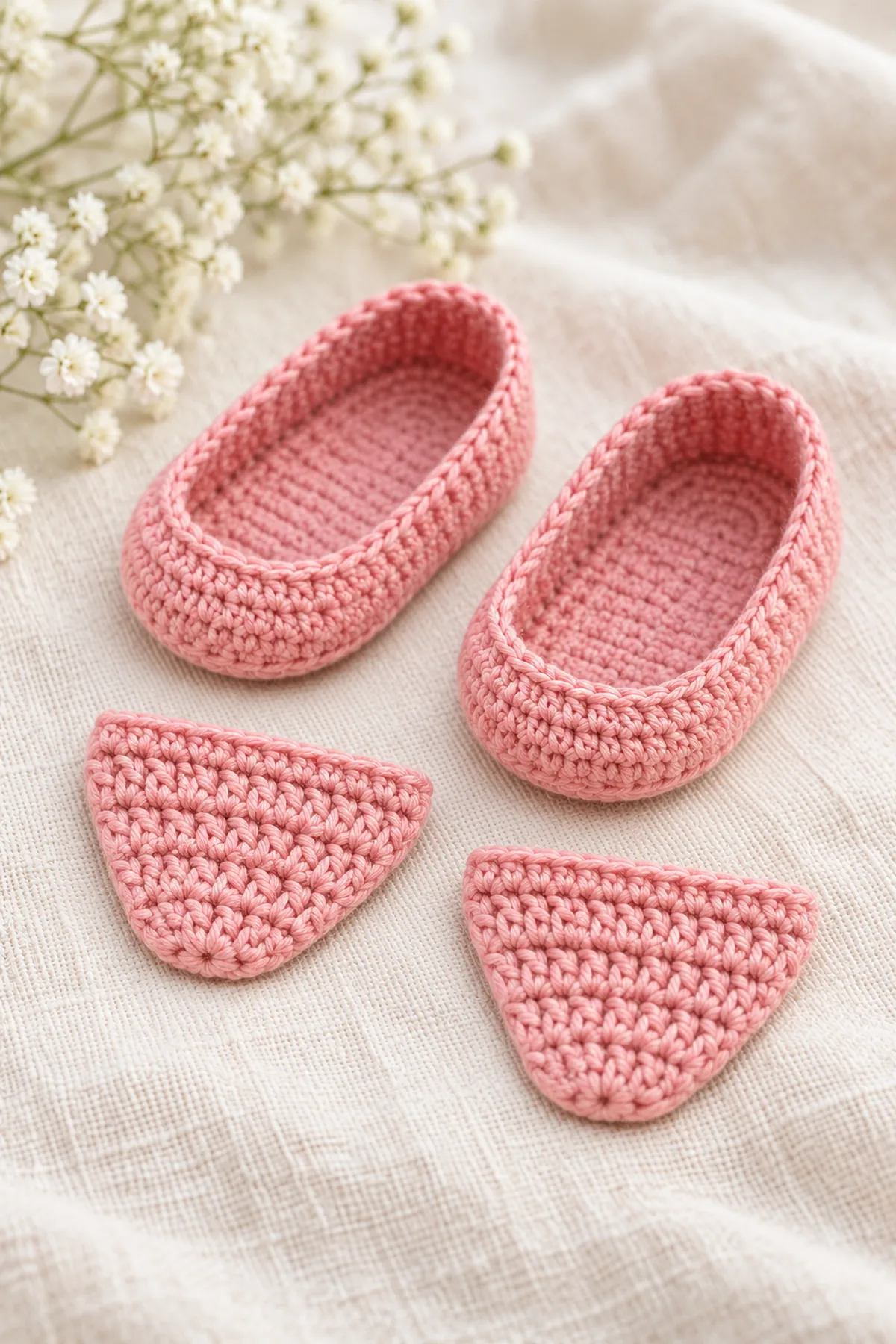 Two blush-pink oval crochet soles with low walls beside two separate flat pink trapezoid toe panels, narrow toe ends and wider straight instep edges; no attached uppers or straps yet.