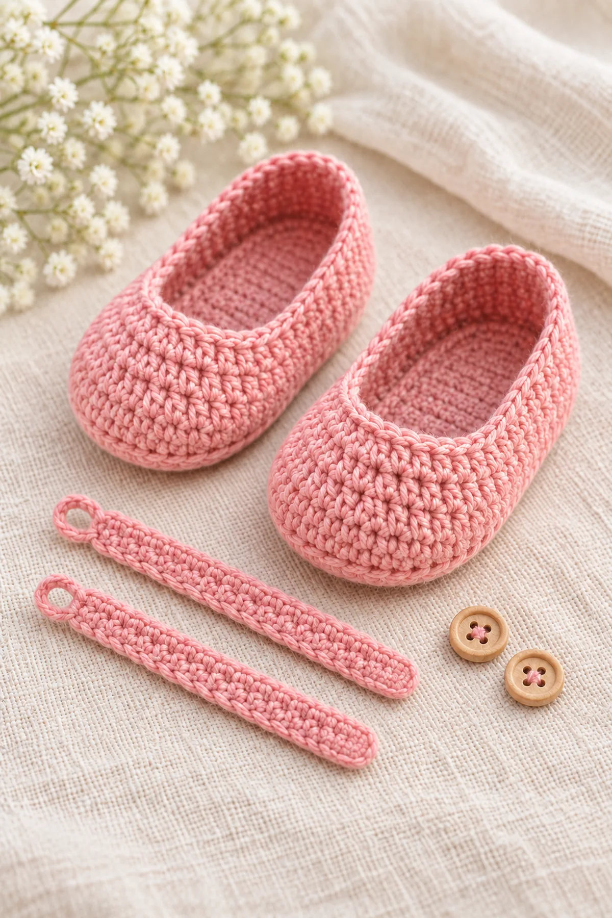 One pink shoe with separate toe panel sewn on and heel panel completed but no instep strap yet, beside its matching shoe, two separate narrow pink straps with tiny button loops and two tan wooden buttons.