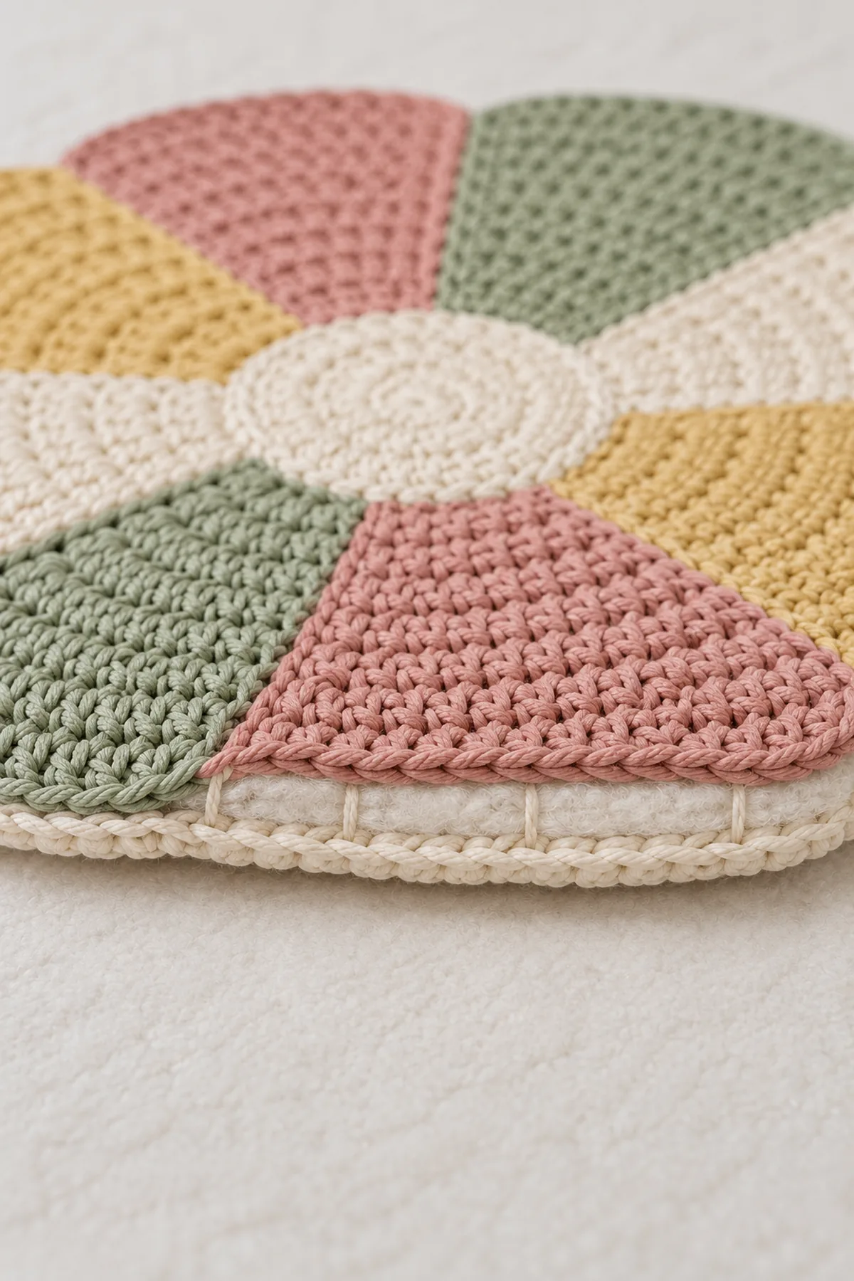 Macro cross-section of flat three-layer crochet play mat edge with eight-color petal top, enclosed low-loft cotton batting, solid cream backing, short quilting stitches and closed perimeter