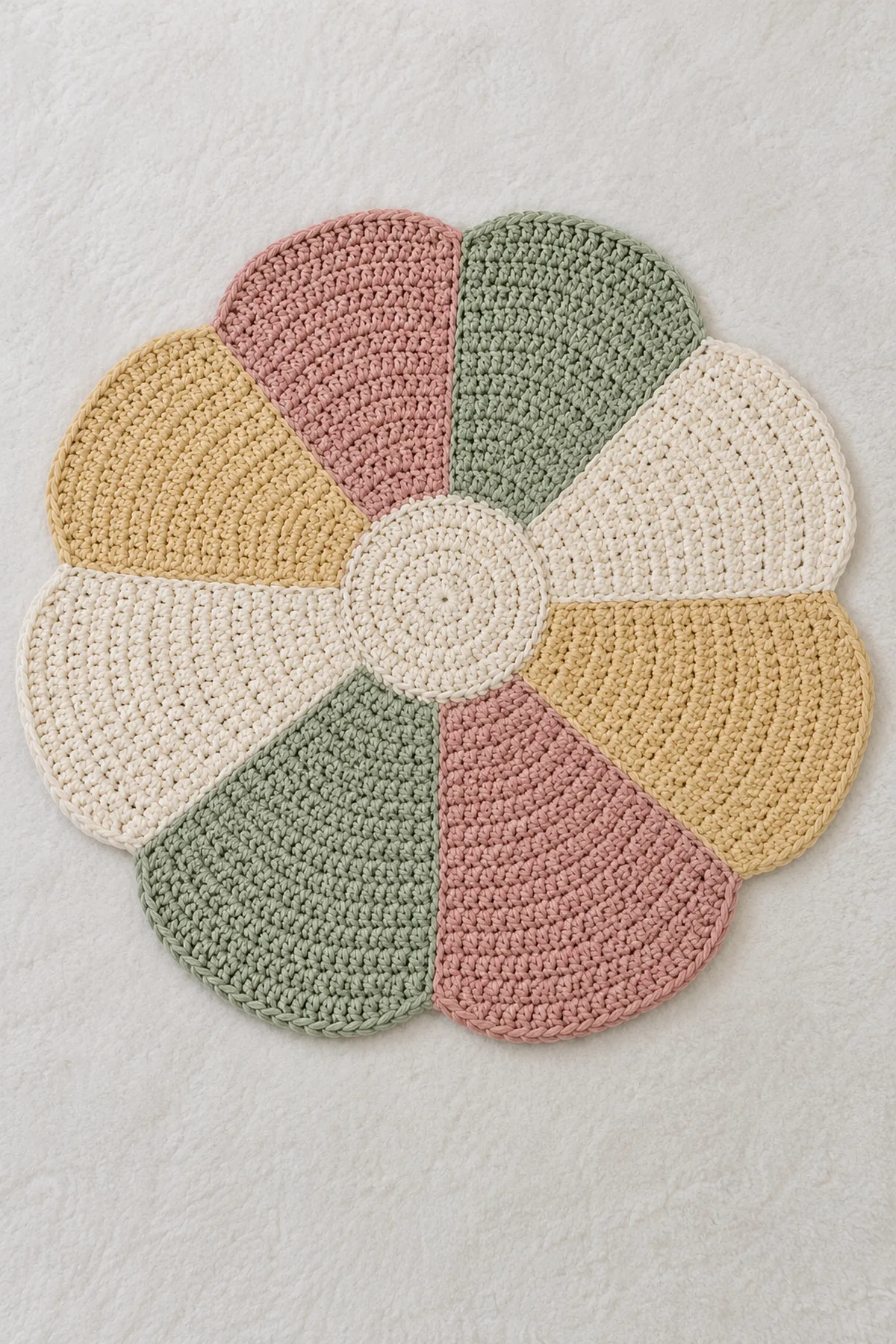 Original approximately 36-inch round cotton crochet baby floor play mat viewed overhead, eight flat petal-like wedge color panels alternating dusty rose sage cream and pale ochre around a small fully closed circular center, low flat profile, no detachable petals, no baby present