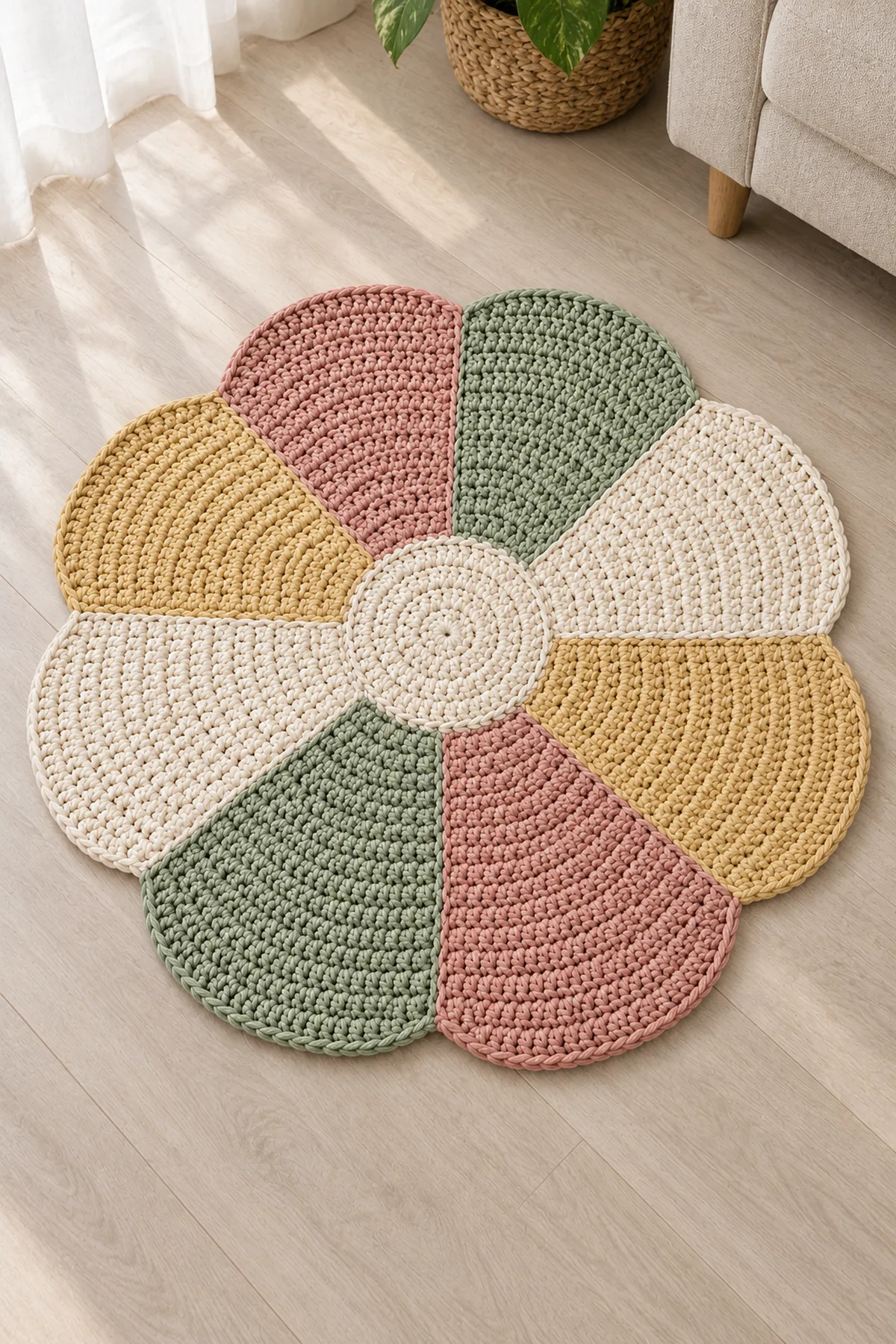Finished flat eight-petal cotton crochet play mat on clean non-slip living-room floor in natural daylight, closed circular center and no toys, child, crib or bedding