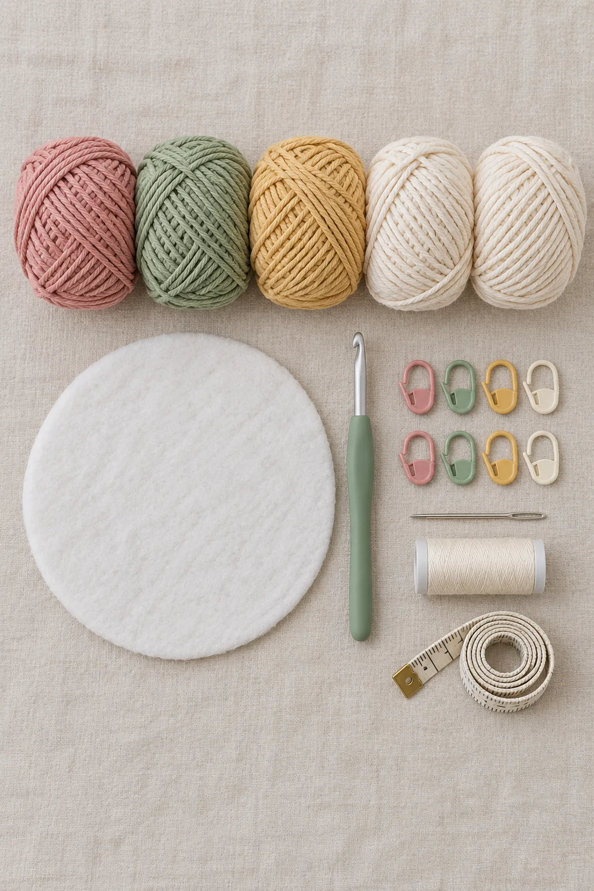 Four muted colors of washable worsted cotton, cream backing yarn, one low-loft cotton batting circle, 5 mm hook, eight markers, blunt needle, quilting thread and tape measure on neutral linen