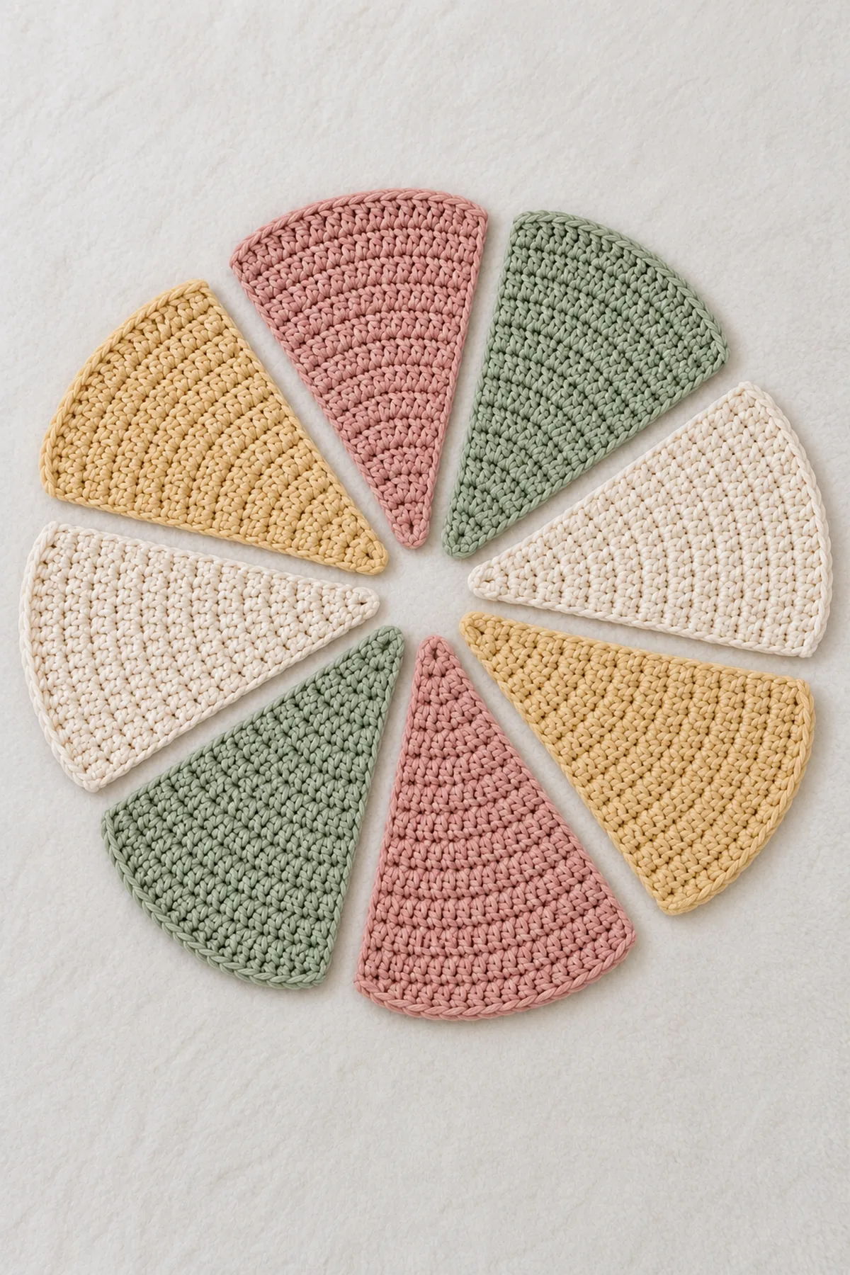 Eight separate flat crocheted tapered wedge panels laid radially before seaming, each widening from narrow center tip to broad outer edge, four muted color pairs, no backing