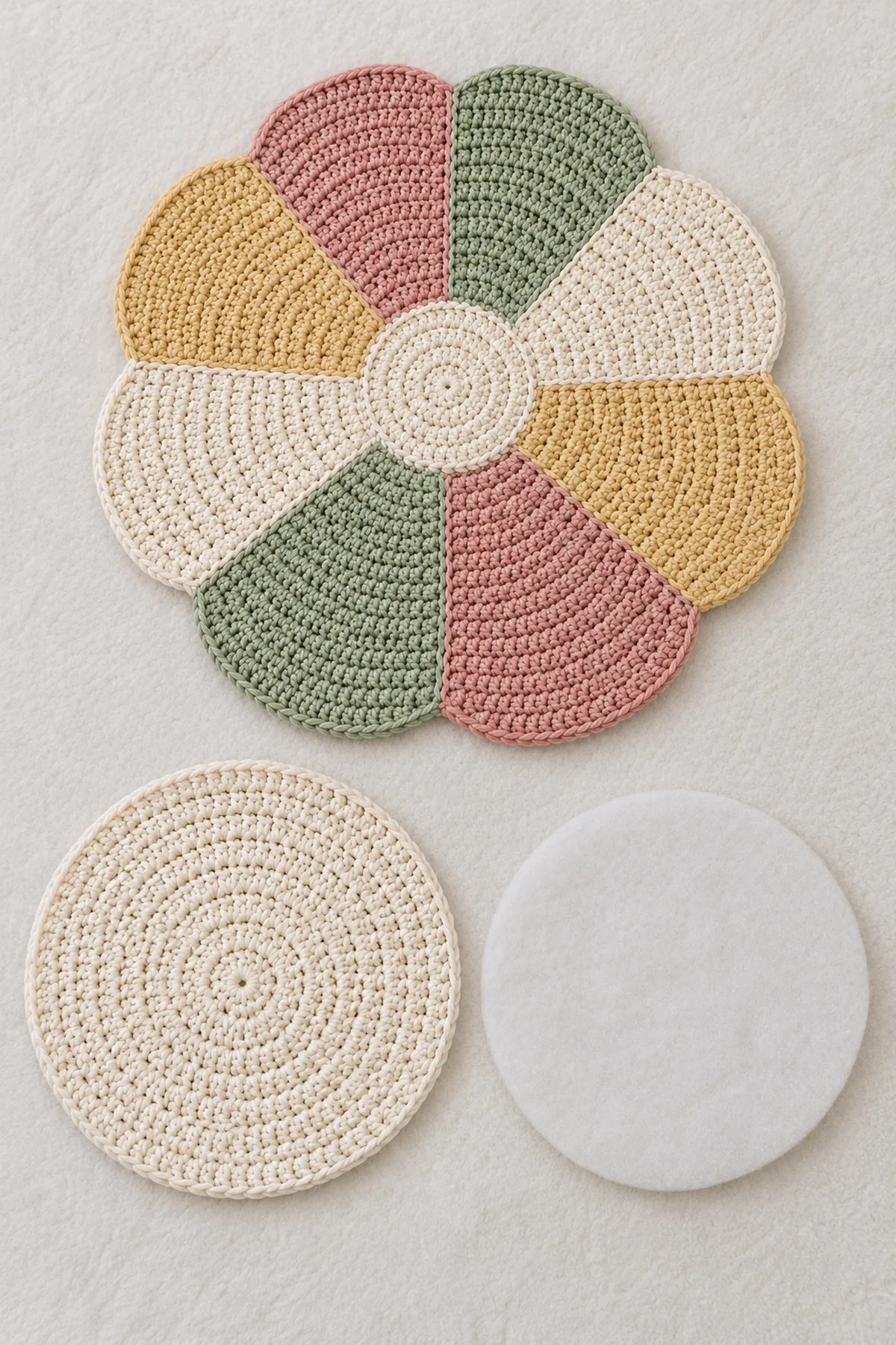 Eight sewn flat petal wedges forming one circular top with a small closed center disc, separate solid cream circular crochet backing and flat batting circle beside it before layering
