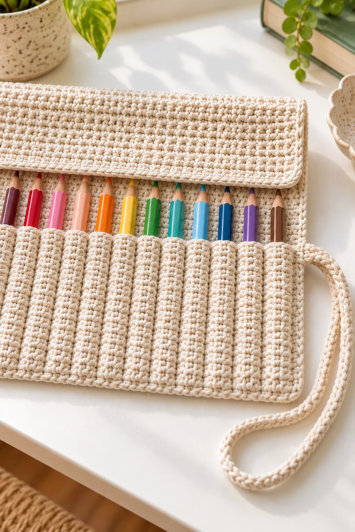 Close view of the fold-over pencil point flap, individual sleeve openings, and attached crochet tie