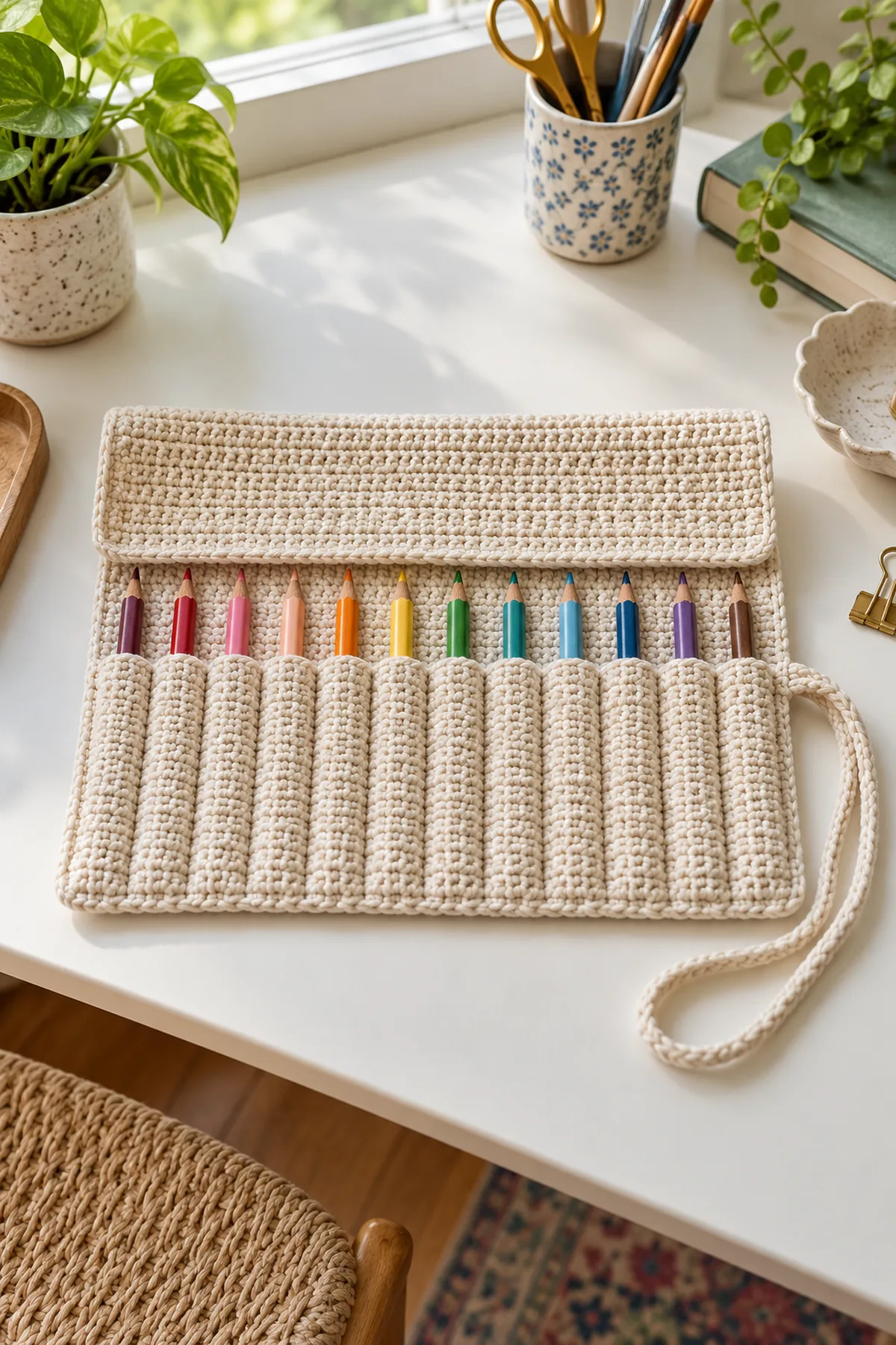 Open cream crochet pencil roll with twelve individual sleeves holding colored pencils and its wide protective flap folded back