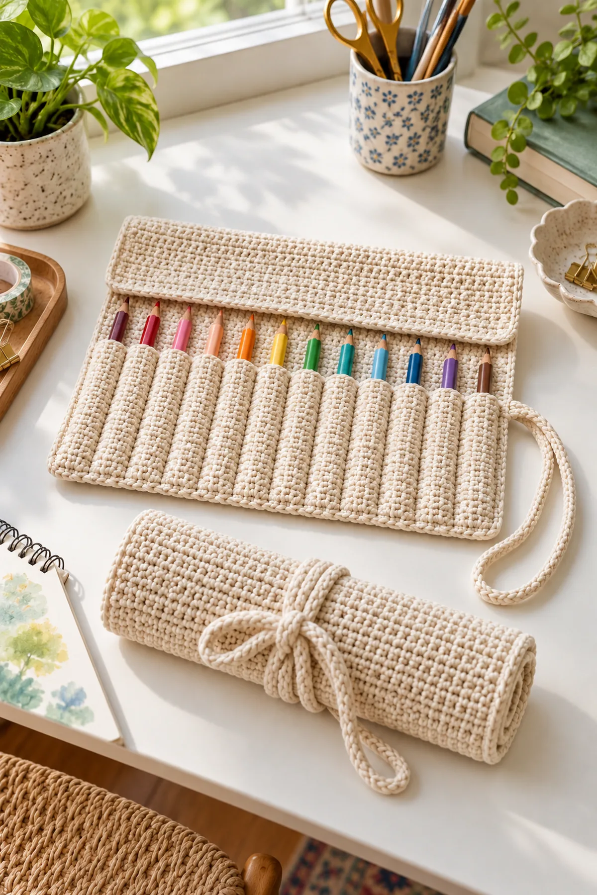 Finished crochet pencil roll tied closed beside a maker's desk supplies