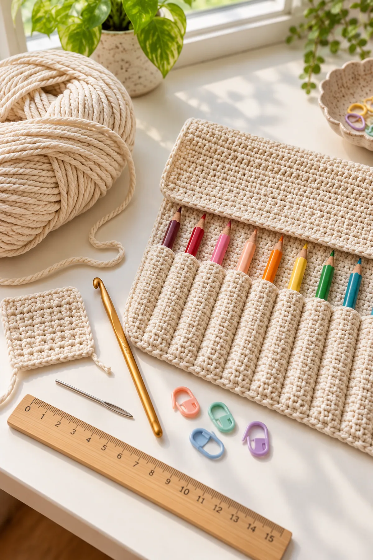 Worsted cotton yarn, 4 mm crochet hook, stitch markers, tapestry needle, ruler, and pencils for the crochet roll