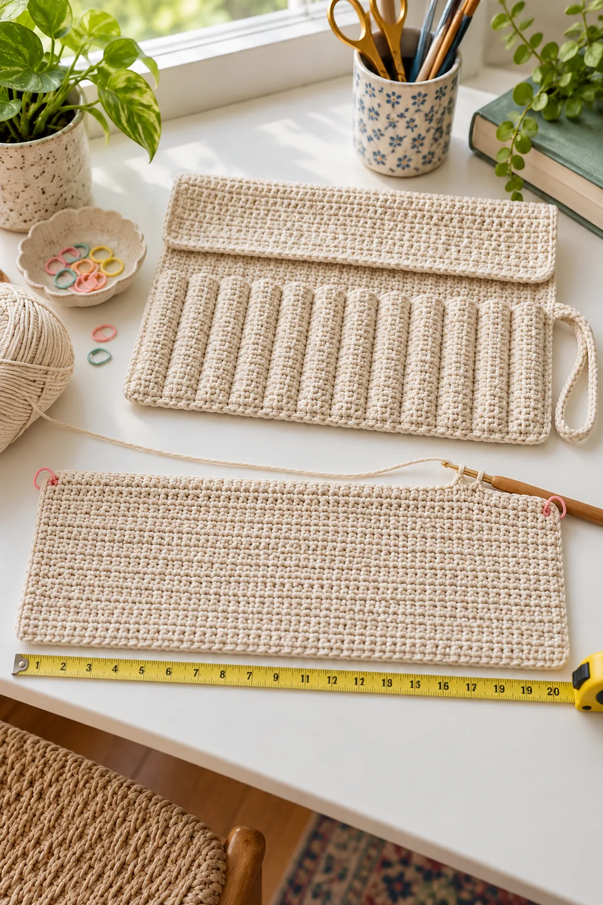 Flat 78-stitch crochet backing with the first 36 sleeve rows marked before the flap is finished