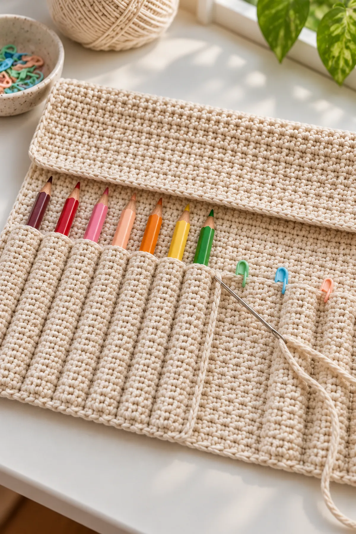 Twelve narrow crochet pencil sleeves separated by measured vertical divider seams