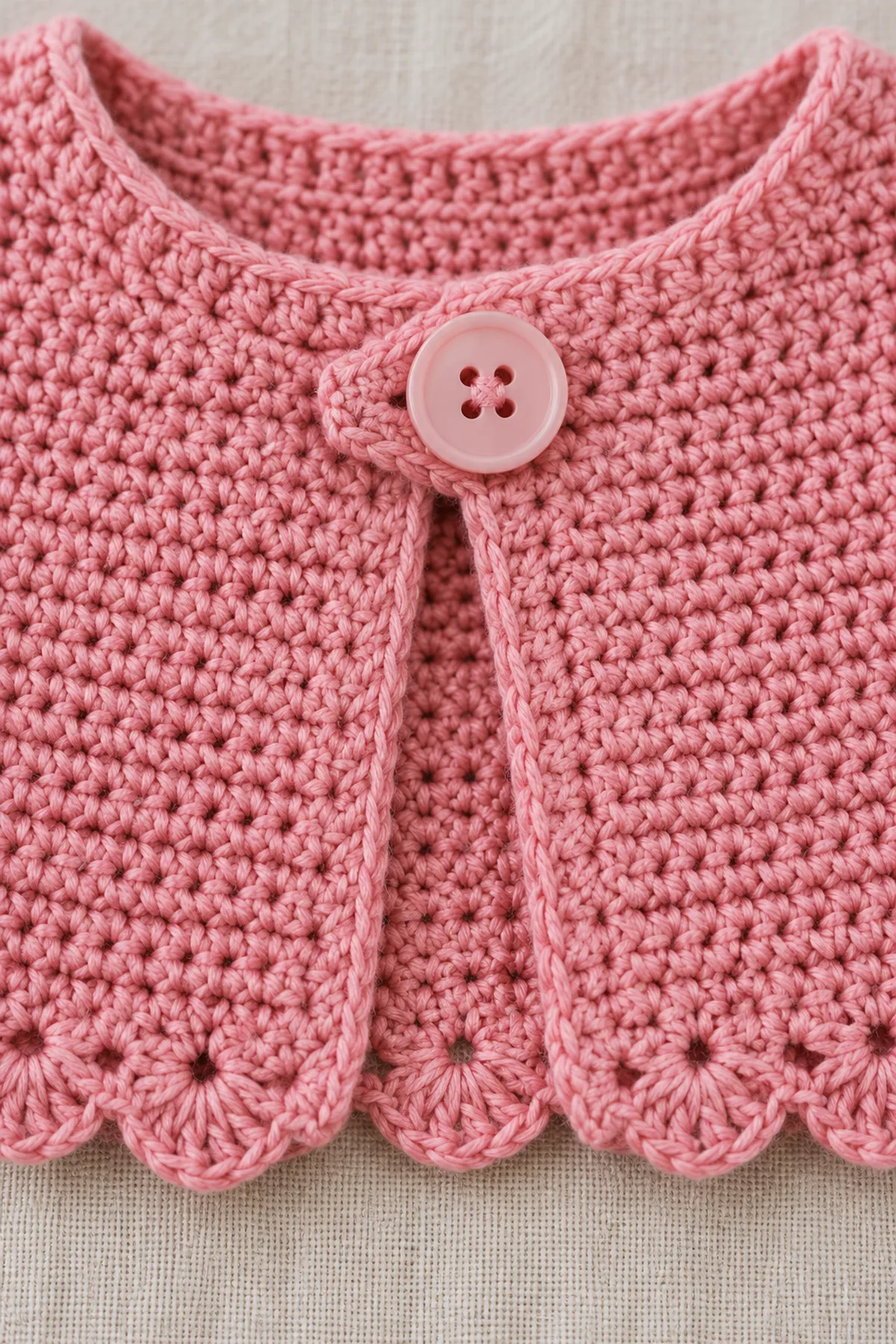Macro of one large smooth four-hole top button secured through rose-pink crochet and a short reinforced buttonhole tab, beside a shallow five-double-crochet petal-scallop hem; no dangling cords or tiny buttons.