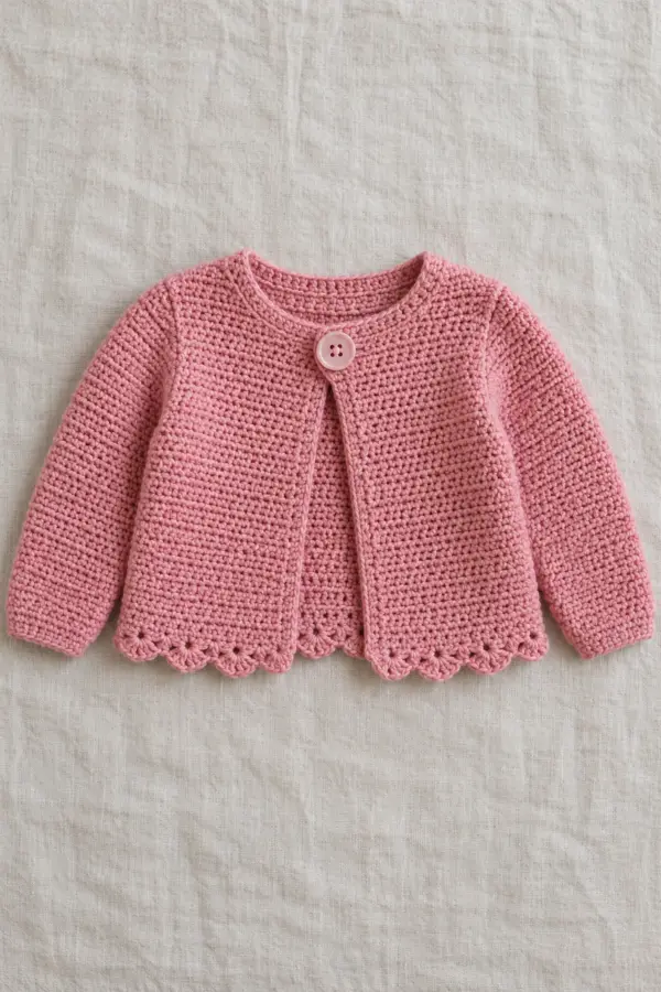 Original plain rose-pink open baby cardigan, waist length, delicate small petal-scallop crochet hem, one visibly large securely sewn top button and short buttonhole tab below neckline, smooth long tapered sleeves, no other closures, whole garment flat on linen.