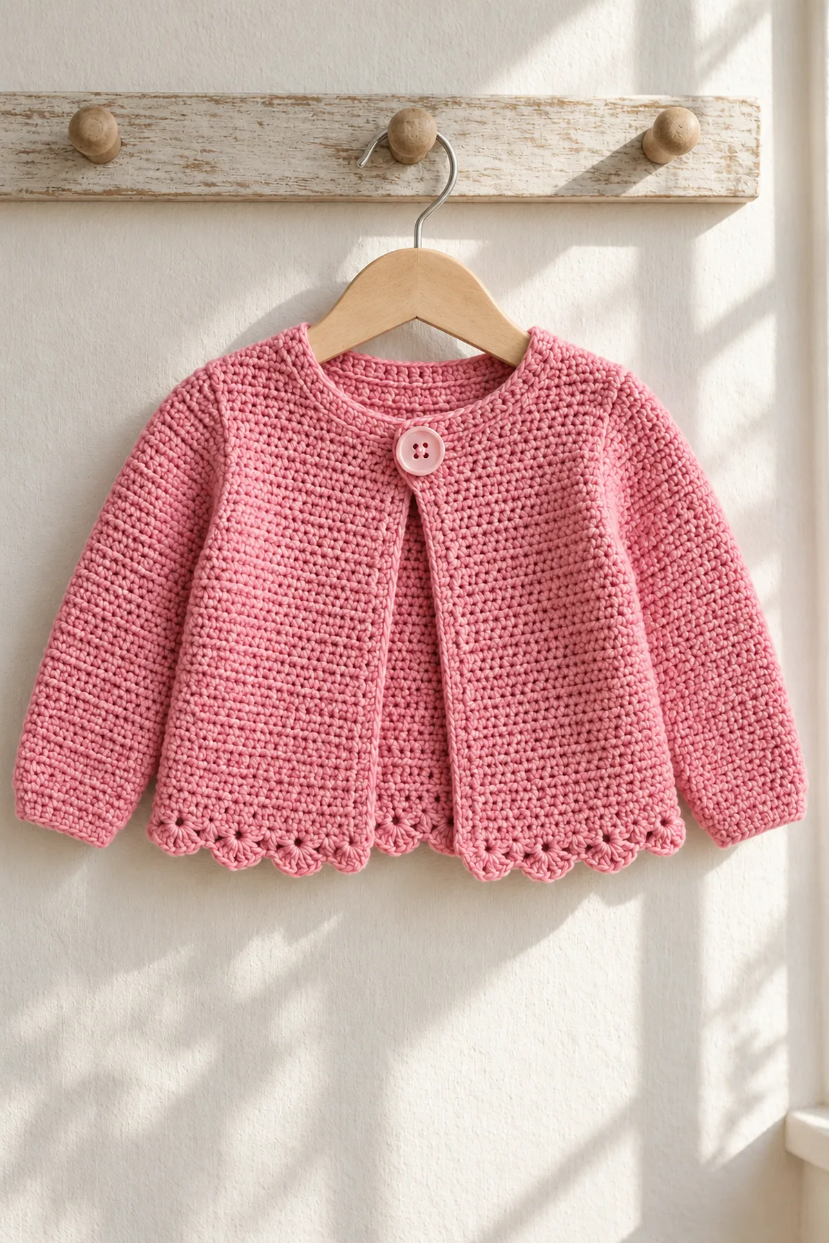Finished rose-pink open baby cardigan with shallow petal scallop hem and one secure oversized top fastener displayed on a child-size wooden hanger in natural daylight; no child or extra accessories.