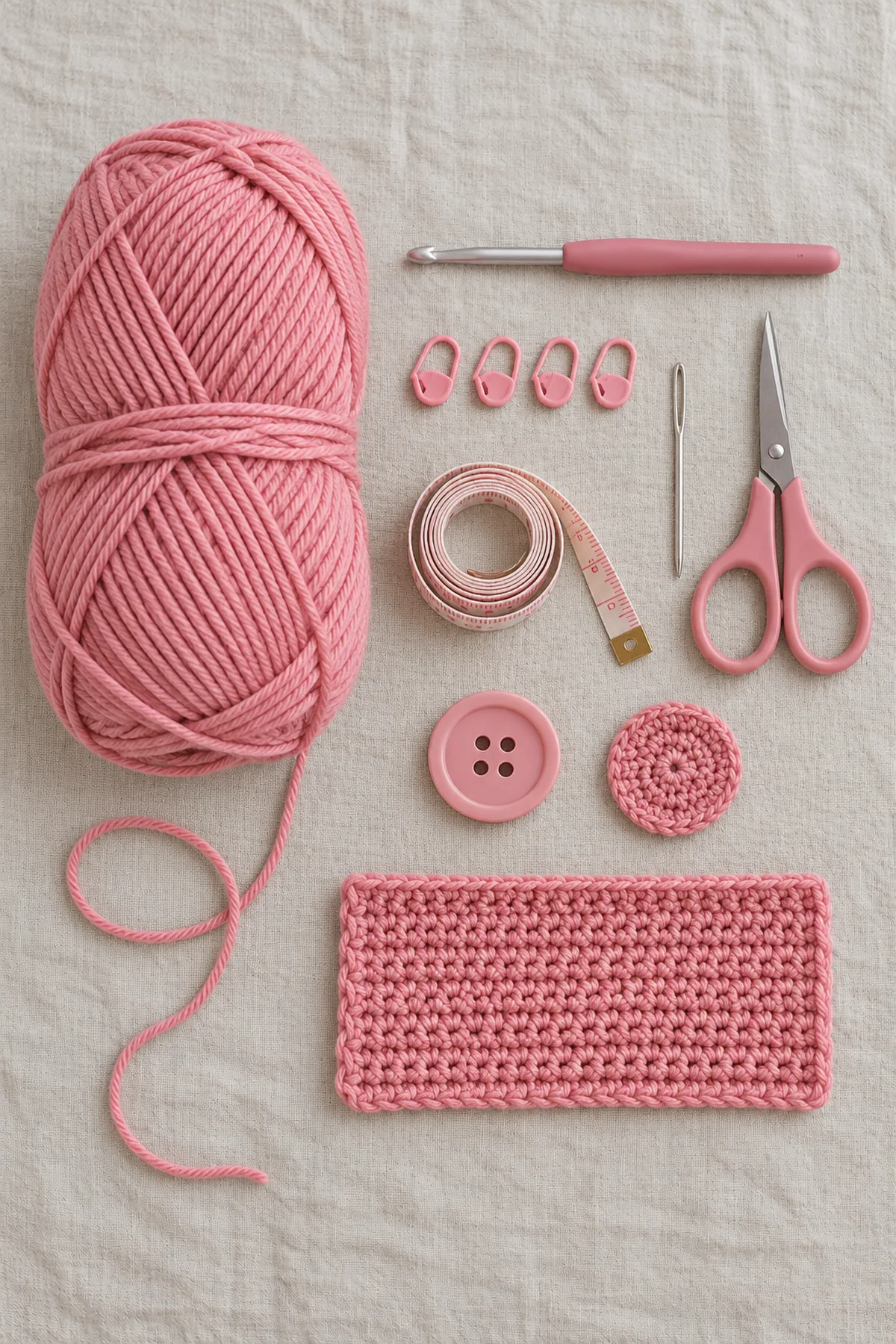 Smooth rose-pink washable DK yarn, 4 mm hook, markers, needle, scissors, measuring tape, one large 30 mm four-hole button and small dense backing patch laid out separately; no finished garment.