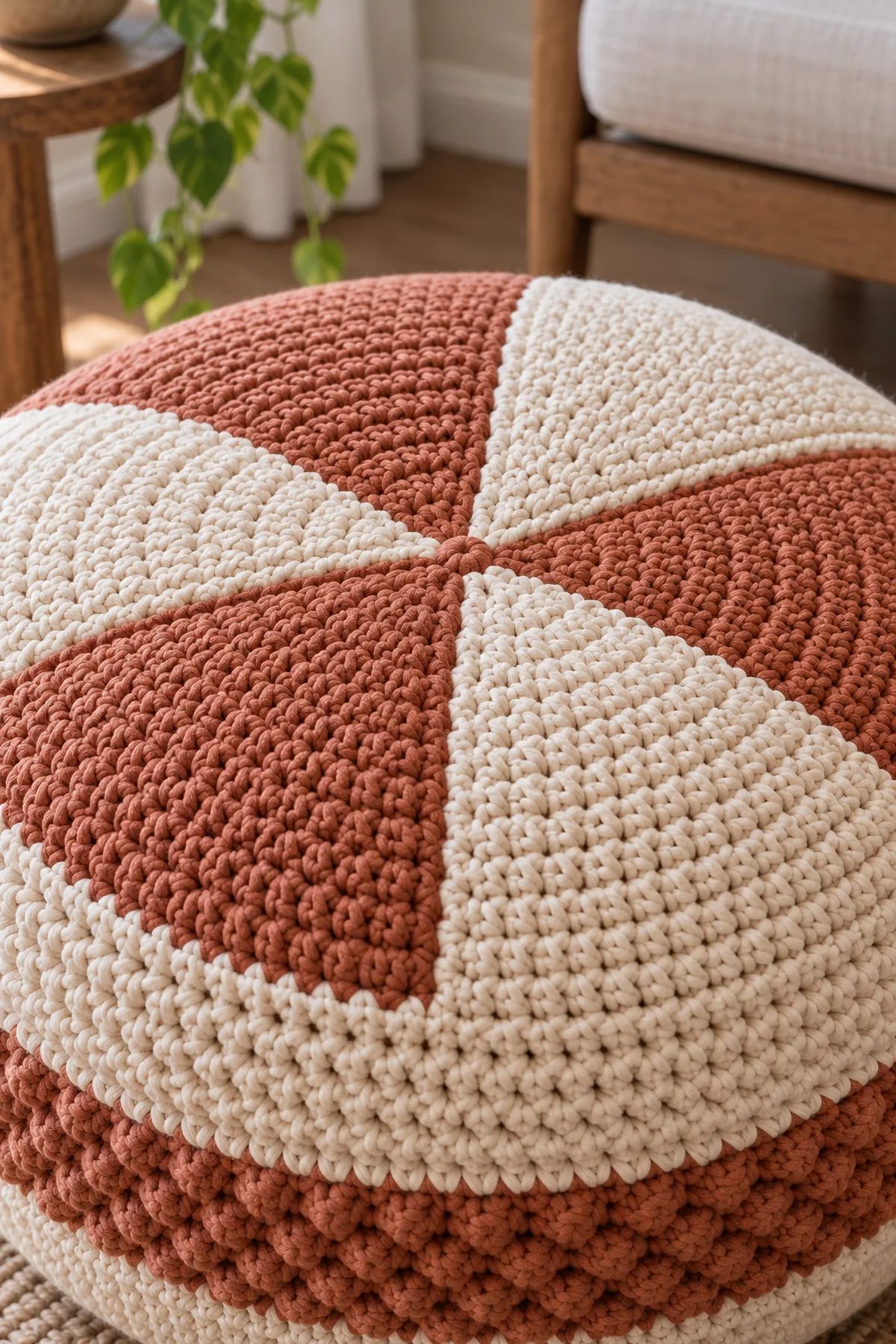 Close view of six seamed cream and terracotta crochet petal wedges meeting at pouf top center with dense cotton-cord texture