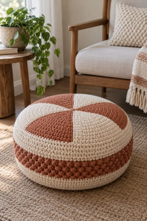 Original low round cream and terracotta crochet floor pouf with six clear petal-seamed top wedges and textured cylindrical side beside an adult chair for scale