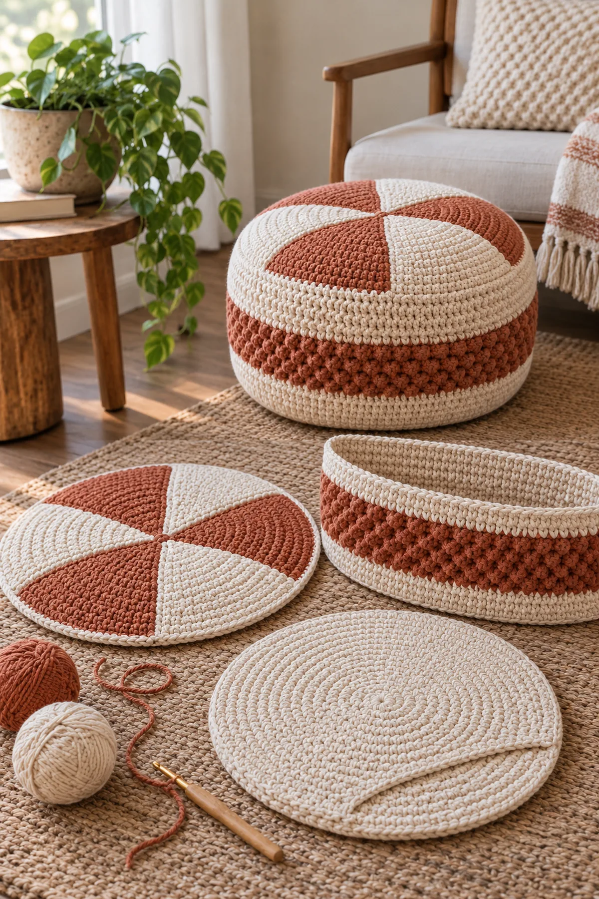 Finished low cream and terracotta petal-top crochet pouf used as adult floor decor beside chair, no person seated on it