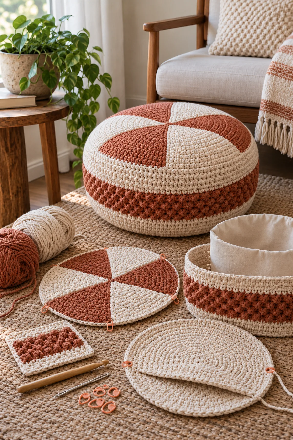 Cream and terracotta super-bulky cotton cord, large hook, markers, needle, fabric liner and washed gauge swatch beside petal-top pouf