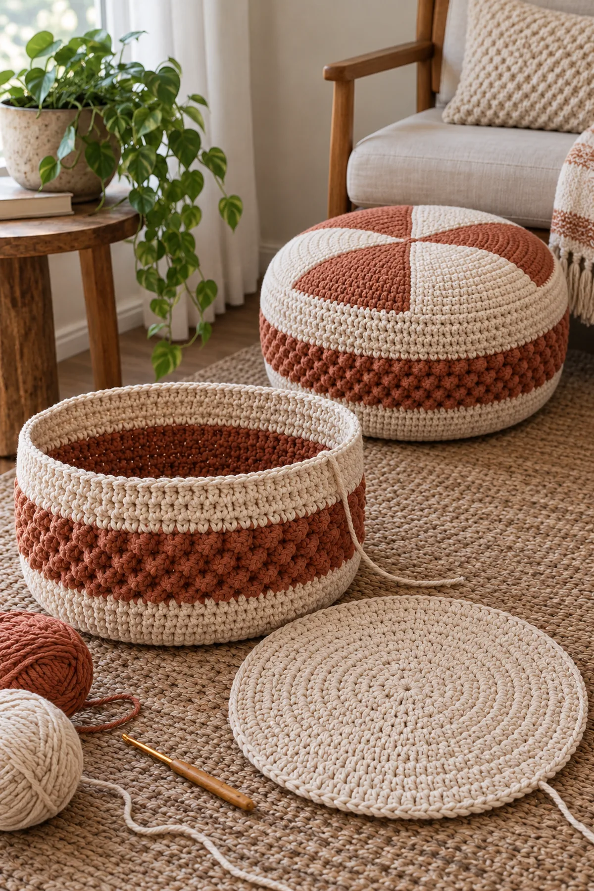 Flat 90-stitch circular crochet base disc and separate partially worked cream and terracotta textured side tube for large pouf